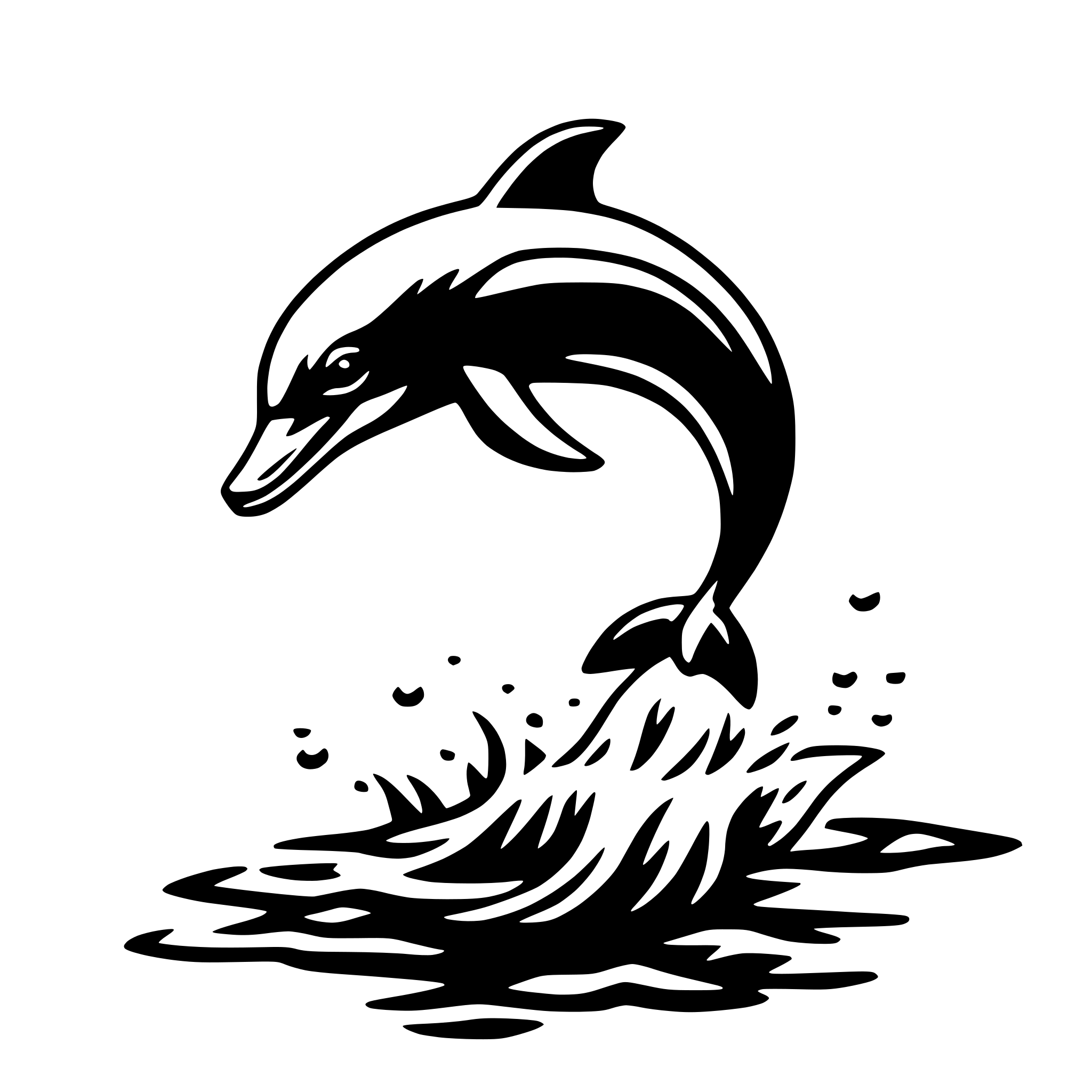The SVG depicts a stylized black and white illustration of a dolphin leaping out of the water. The dolphin is captured mid-air, with its body arched and its tail trailing behind it. The water around the dolphin is depicted with a splash effect, suggesting movement and the dynamic nature of the scene. The dolphin's position above the water indicates a sense of motion and energy. 