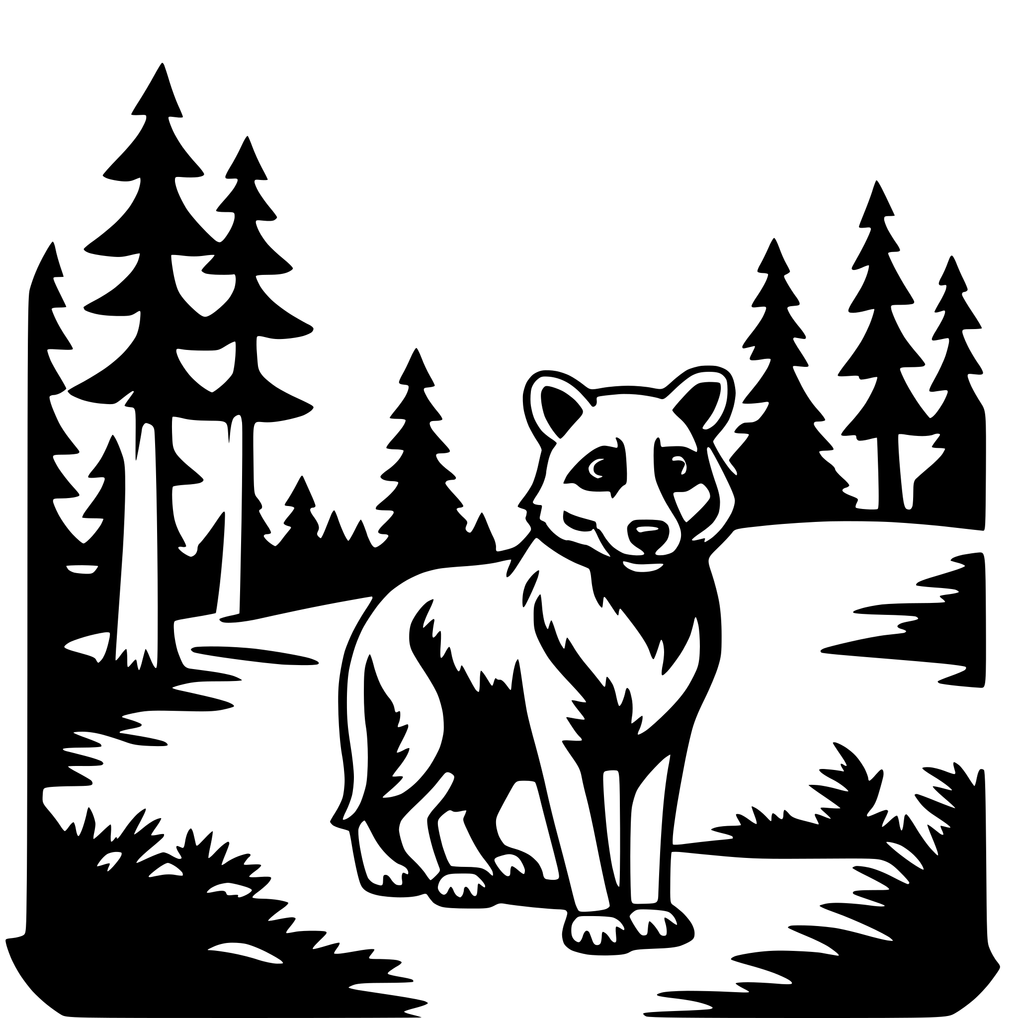 The SVG features a stylized black and white illustration of a forest scene. At the center of the SVG is a cartoon-like depiction of a lone wolf, standing upright on its hind legs with its front paws resting on the ground. The wolf is facing the viewer, and its ears are perked up, giving it a curious or alert expression.

The background consists of silhouetted trees and a path that leads into the distance, suggesting a sense of depth and perspective. The trees are evenly spaced along the path, and their silhouettes are simple and abstract, with no detailed textures or shading.

The wolf and the trees are the main objects in the SVG, and their interaction is that the wolf is positioned in front of the trees, creating a sense of foreground and background. The wolf's upright posture and the path leading into the trees give the impression that the wolf is standing guard or looking out