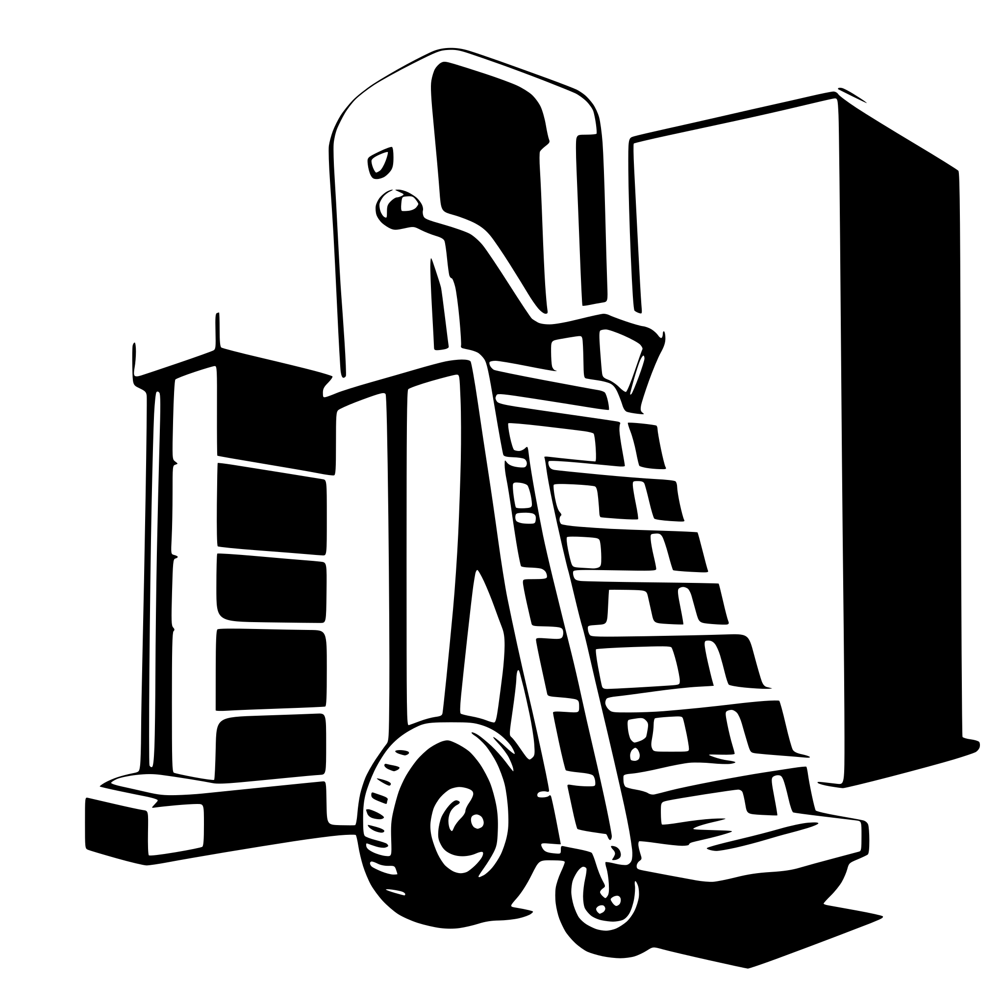 AI-generated SVG of a A stair-climbing hand truck carrying a package, smoothly ascending a staircase. The stair-climbing device has robust wheels designed to tackle steps, with a large, securely strapped package.