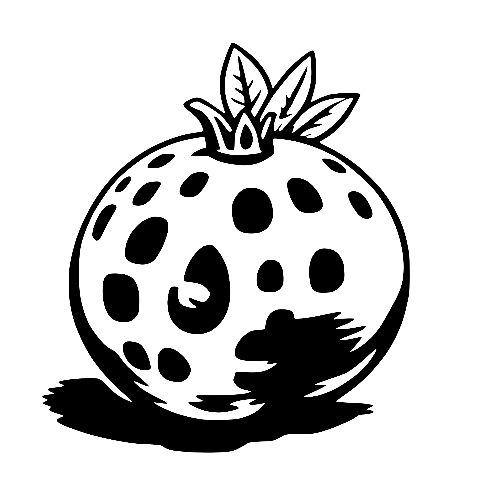 The SVG depicts a stylized fruit with a pattern of dark spots on its surface, resembling a strawberry. The fruit has a green top with leaves, suggesting it is fresh and possibly organic. The fruit is positioned on a surface with a shadow cast beneath it, indicating a light source from above. The overall style is simple and cartoonish, with clean lines and a limited color palette. 