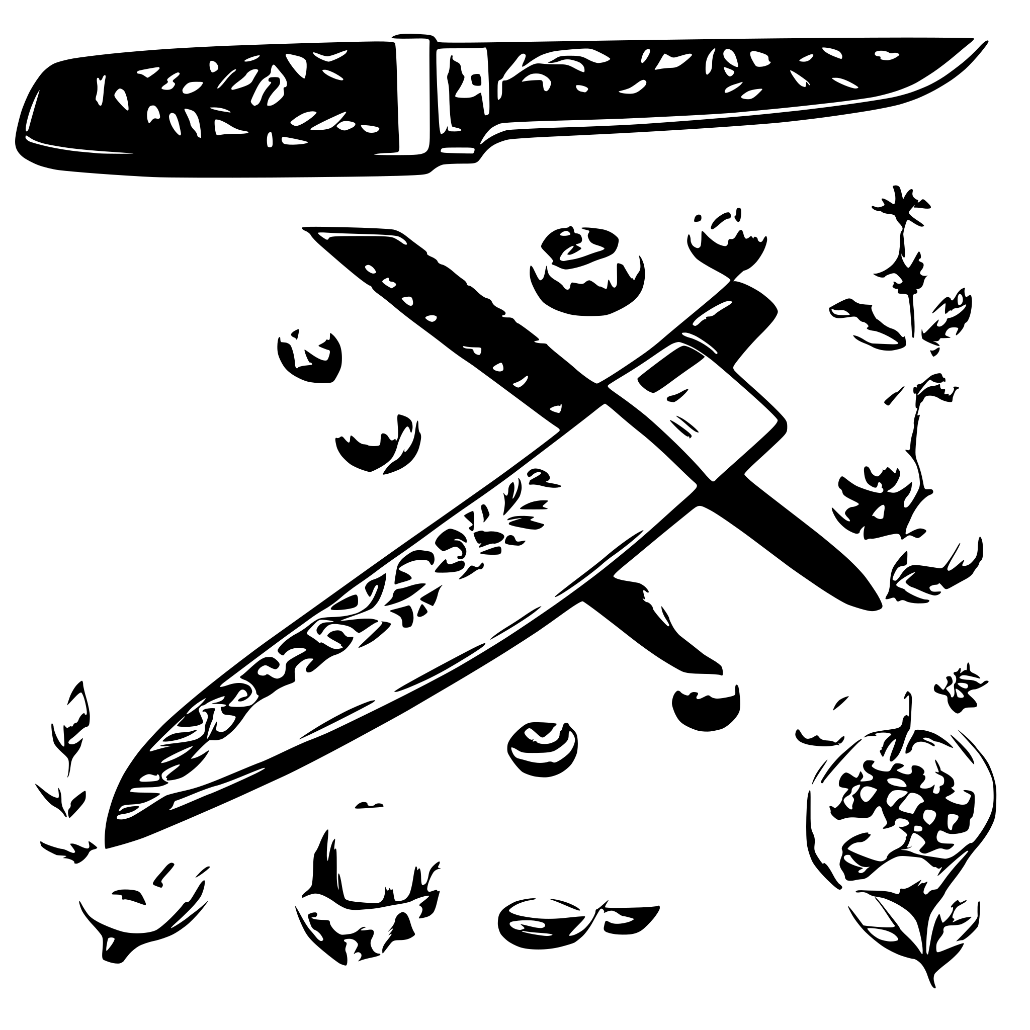 AI-generated SVG of a Create a highly detailed and intricate SVG illustration of a chef's knife. The knife should feature a sleek, modern design with a polished, reflective blade that includes subtle etchings or patterns for artistic flair. The handle should be ergonomic, detailed with textured material such as wood grain or micarta, incorporating rivets for realism. Include fine details like shading along the blade’s edge, subtle reflections, and gradients to convey a three-dimensional appearance. The overall design