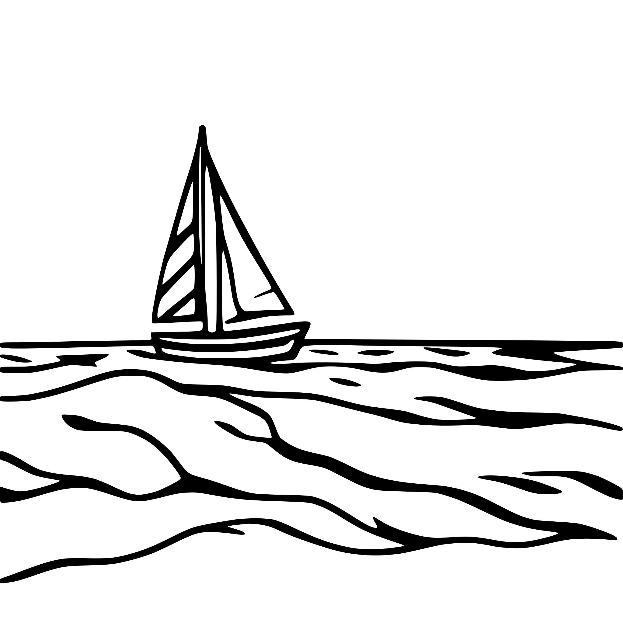 AI-generated SVG of a A sailboat floating on the sea with islands in the background and it is WINDY. The sailboat is moving from left to right. Simple line art. The sea has ROUGH waters.