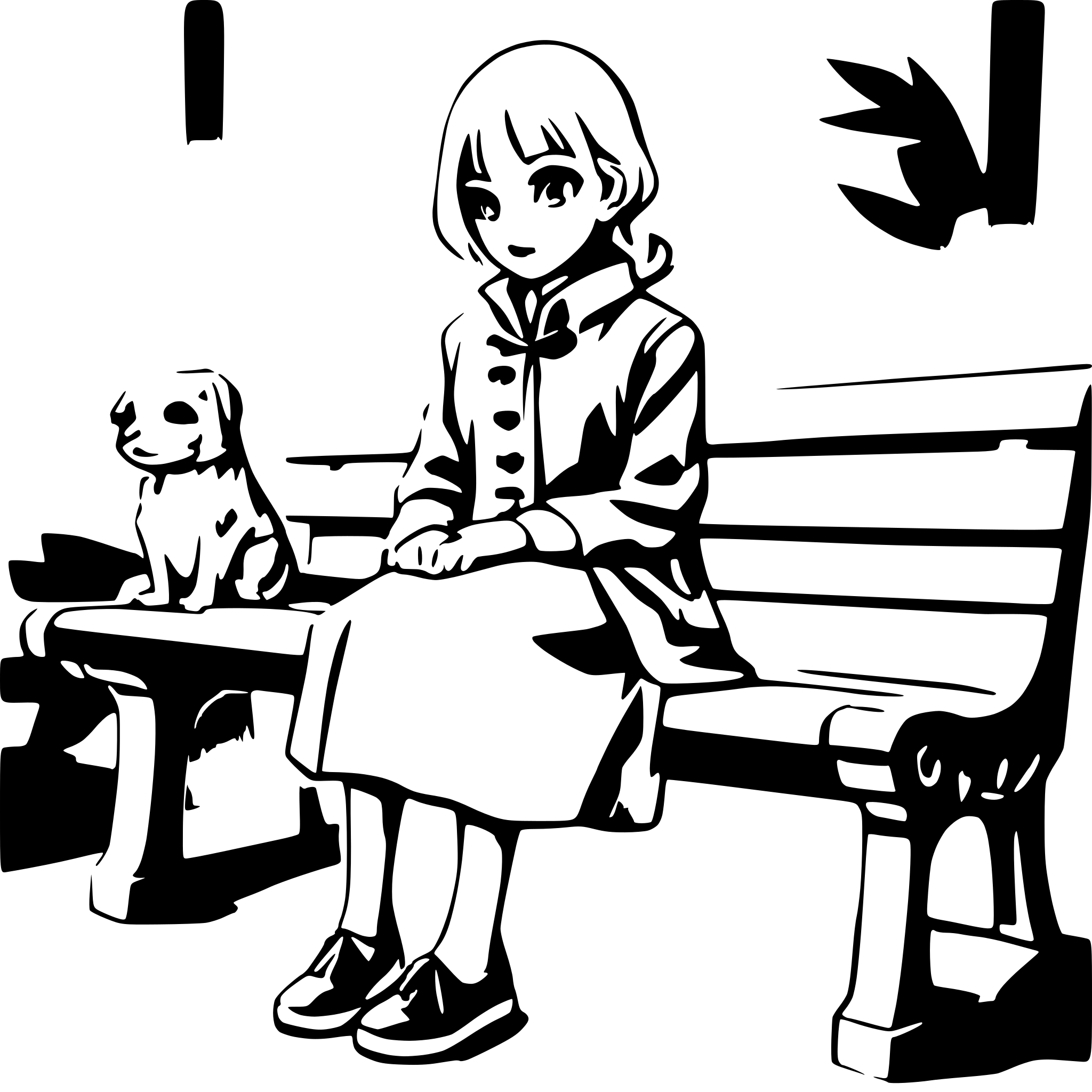 AI-generated SVG of a An old lady seated on a bench with a dog next to her