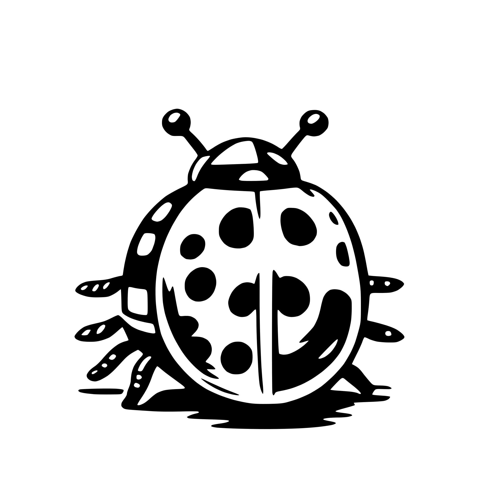 The SVG depicts a stylized, cartoon-like representation of a ladybug. It has a round body with a pattern of black spots, two antennae on top, and a pair of legs on the bottom. The ladybug is shown in a side view, with its body facing the viewer and its legs extended outward. The style is simple and graphic, with no shading or gradients, which is typical for vector illustrations. 