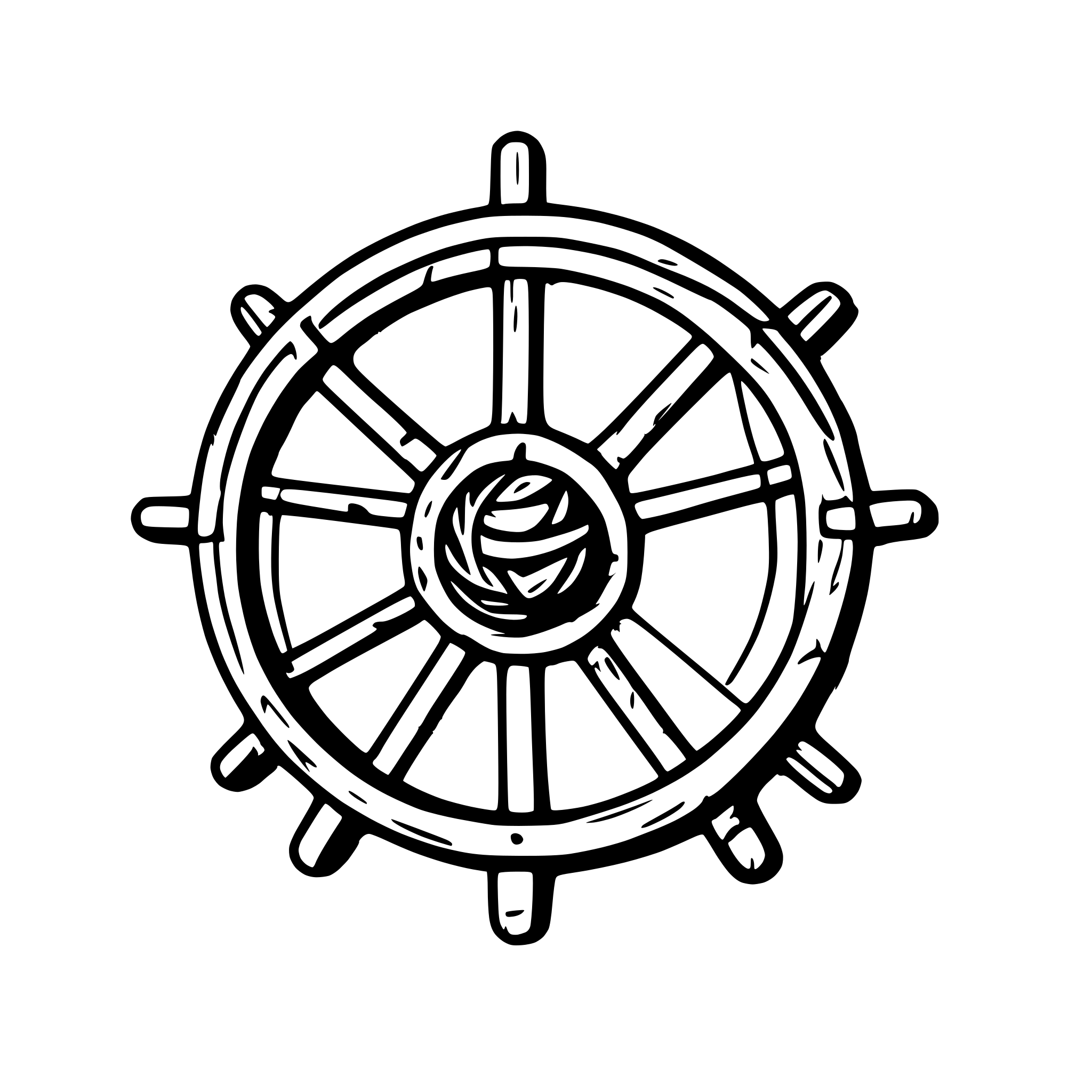 AI-generated SVG of a An old ship wheel with a ball of yarn forming the circular part, and knitting sticks creating 7 handles around the outside