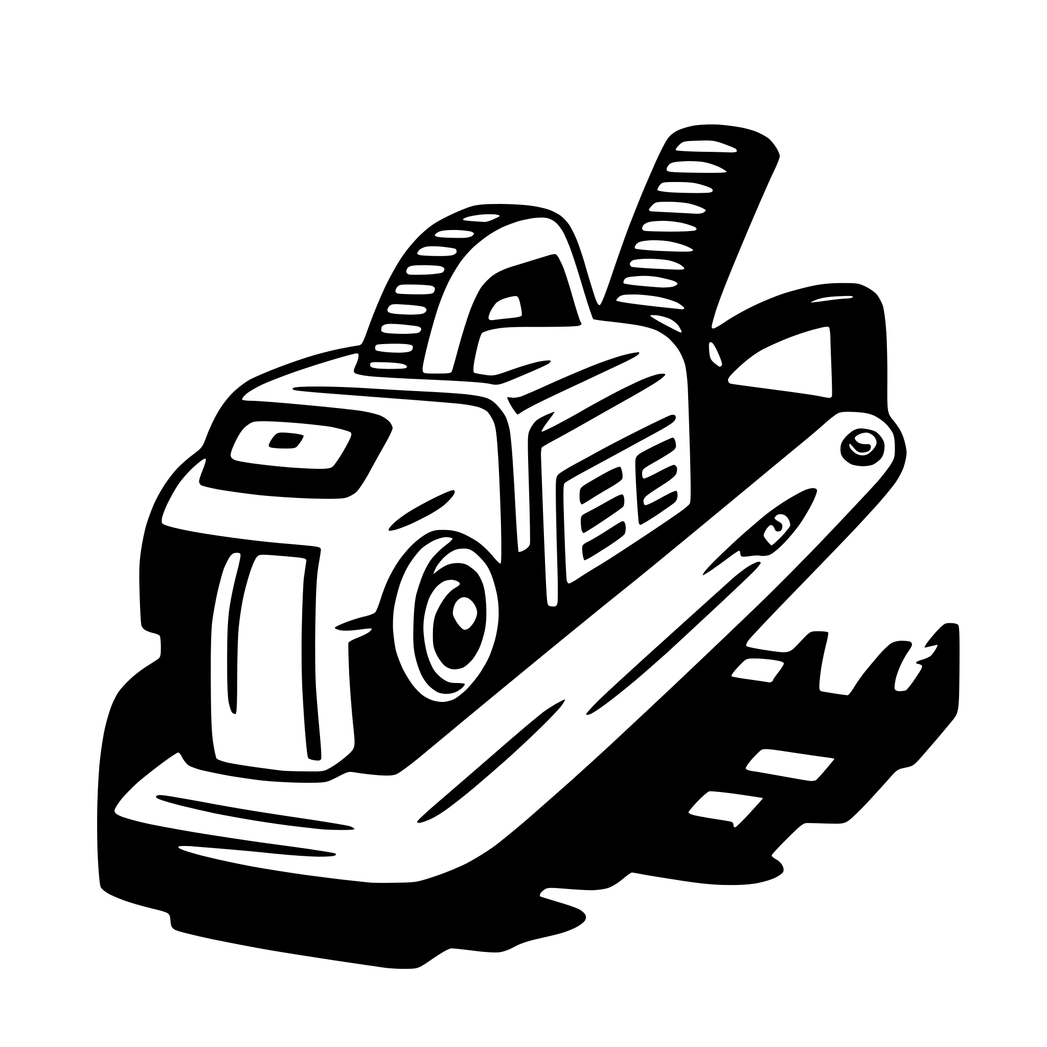 The SVG depicts a stylized, simplified illustration of a chainsaw. The chainsaw is shown in a side view, with the guide bar and chain visible. The illustration is monochromatic, with the chainsaw rendered in black and white. The chainsaw appears to be resting on a flat surface, which is also depicted in black and white. The SVG does not show any interaction between objects; it is a static representation of a chainsaw. 