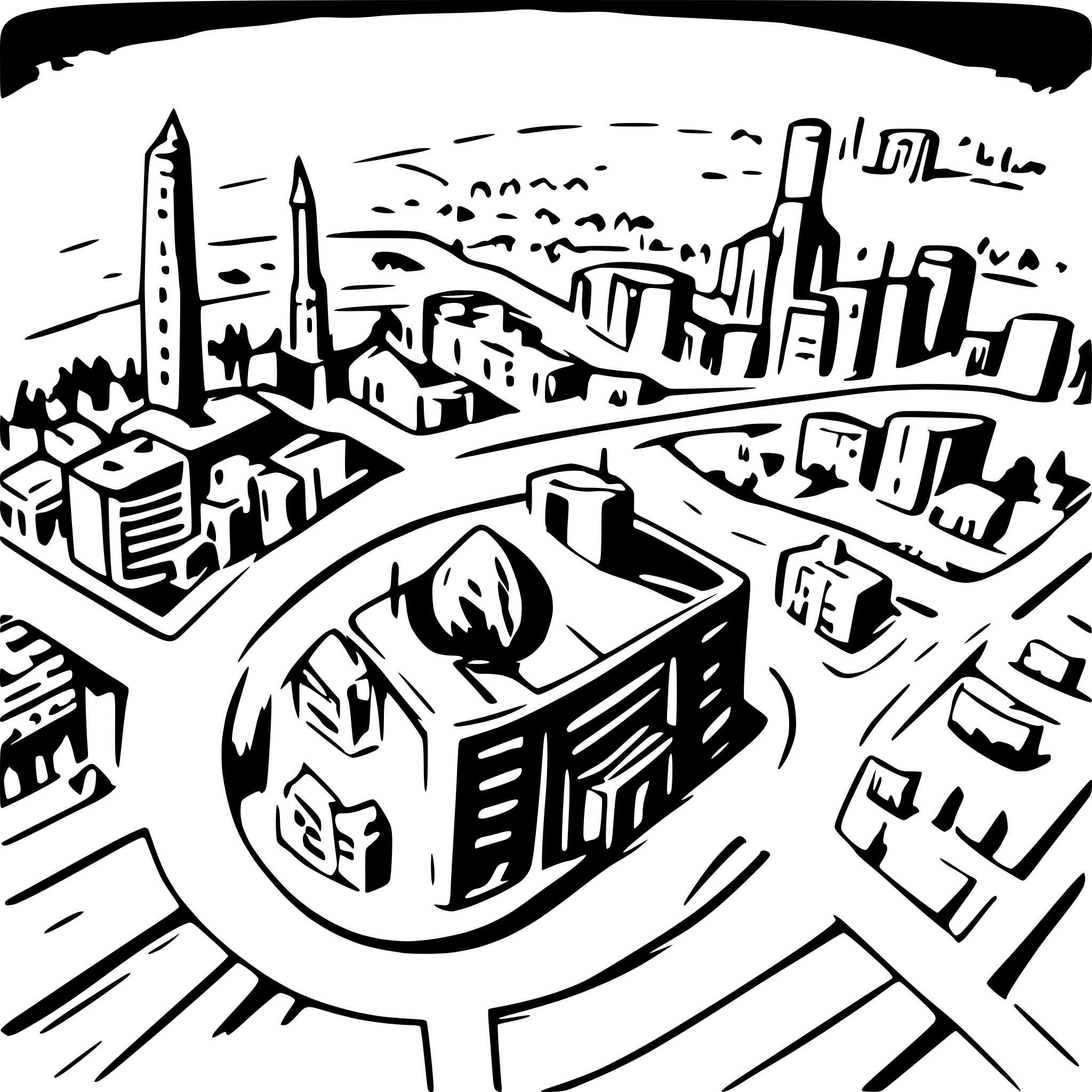 AI-generated SVG of a bird eye view ,use black and white woodcut  thin black shap lines and small dots and very detaling realistic approach vast  city  dark sky  and millions of buildings and sky  sag file ;end part of city must clear
