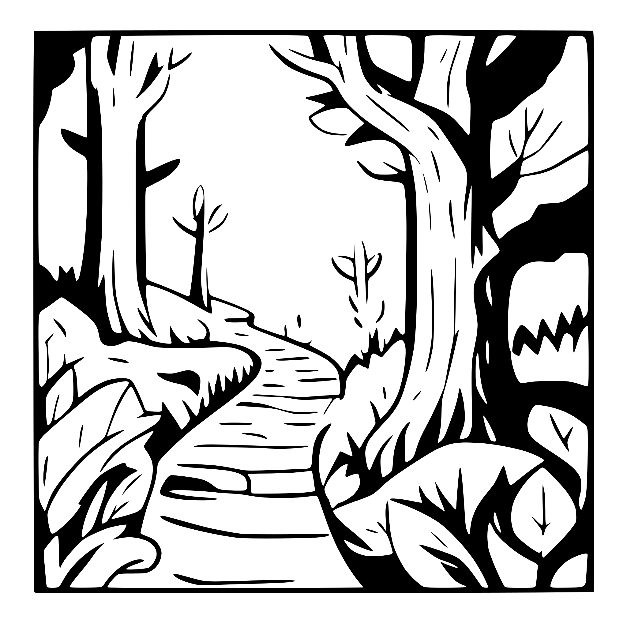 AI-generated SVG of a Create a coloring page for adults featuring a winding path through an ancient, mossy forest. The design should be in contour style, using vector graphics and clean line art on a white background. It must be detailed and in black and white, inspired by kalamkari design, with meticulously detailed and ornate illustrations. Include a flowing stream alongside the path and ensure a tranquil mood is conveyed throughout the image.