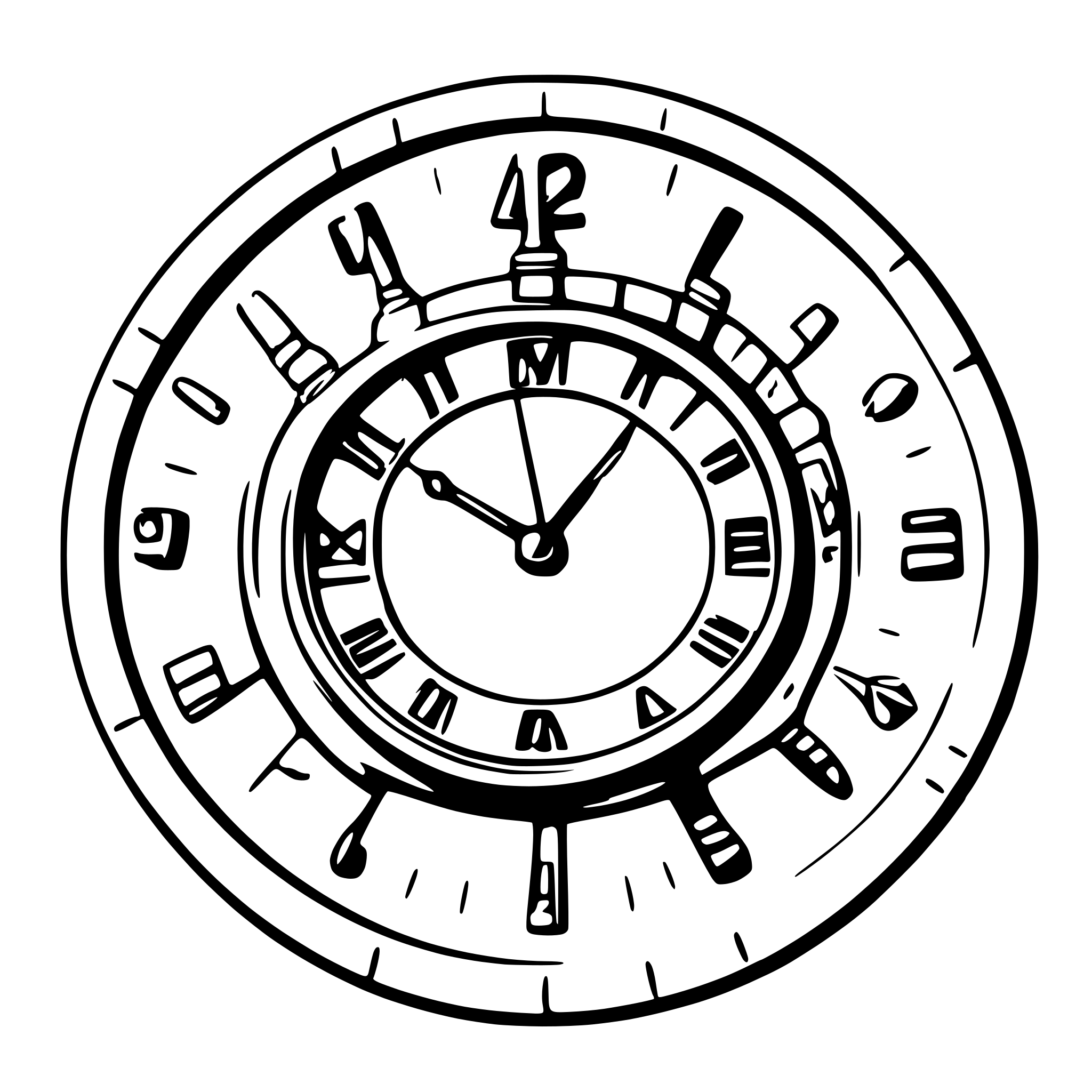 AI-generated SVG of a Generate a clock face with very beautiful hands. The 12 digits on the clock are always 4, but each digit is in a different language