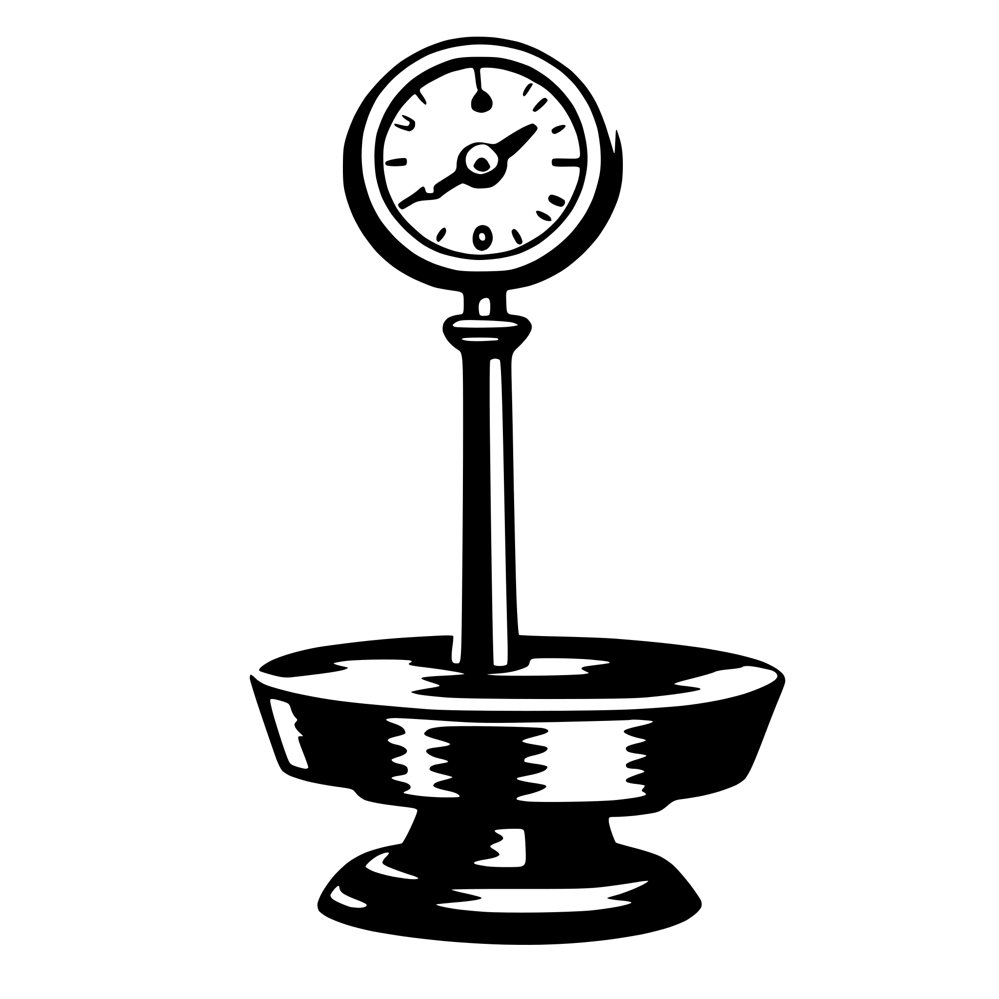 The SVG shows a simple, stylized clock with a round face and a pair of hands indicating the time. The clock is mounted on a stand with a circular base, and there is a small, decorative element at the top of the stand. The design is minimalistic and appears to be a digital or graphic representation rather than a photograph of a physical object. 