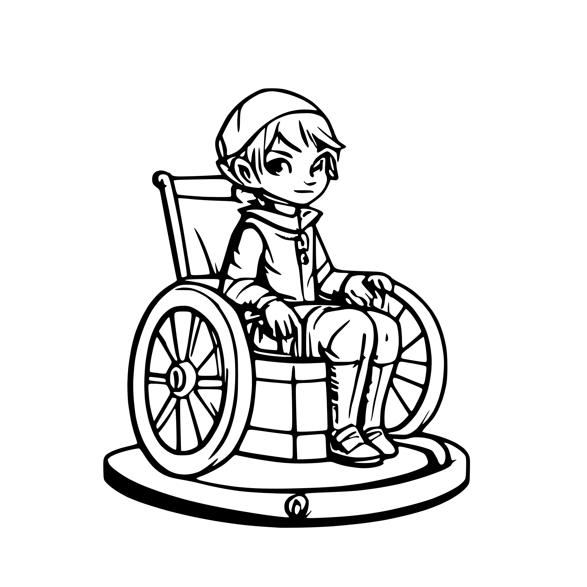 AI-generated SVG of a Boy dressed in elf costume sitting in a custom wheelchair nostalgic