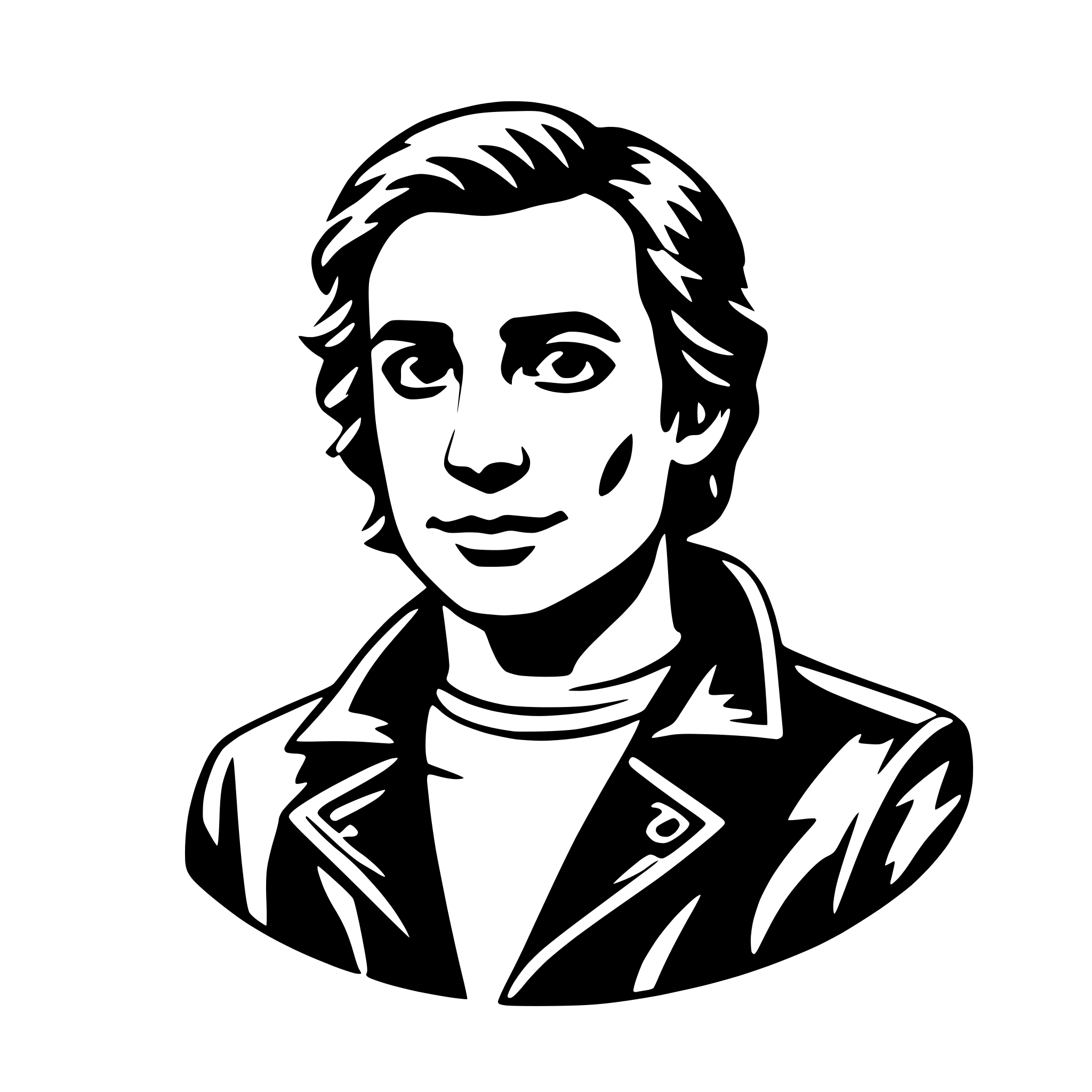 The SVG depicts a stylized black and white illustration of a person's head and shoulders. The person has short hair, a neutral expression, and is wearing a jacket with a collar. The style is simplistic and appears to be a graphic or icon representation rather than a detailed portrait. The SVG is flat with no shading or depth, which is typical for vector graphics. 