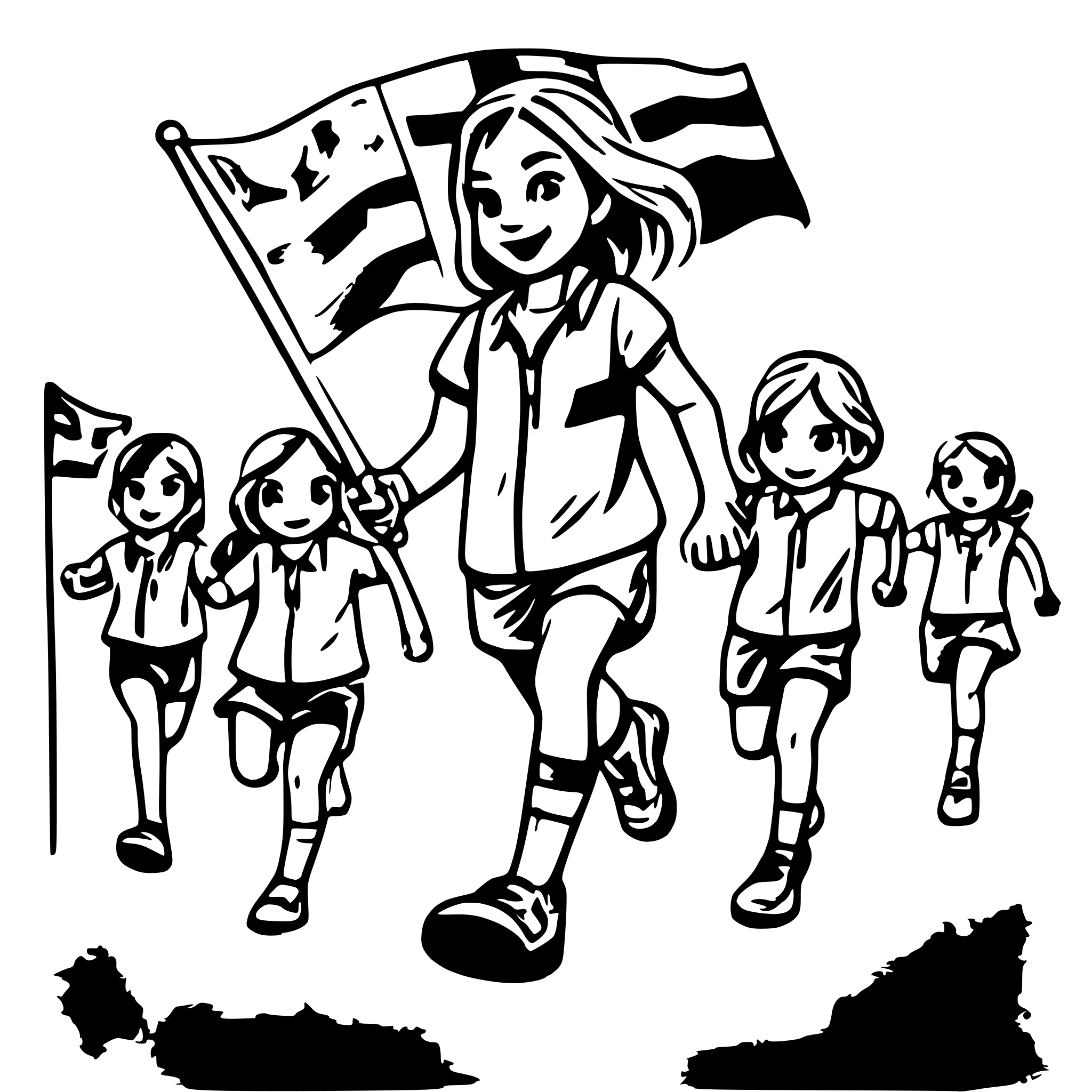 AI-generated SVG of a scout children running around the flag