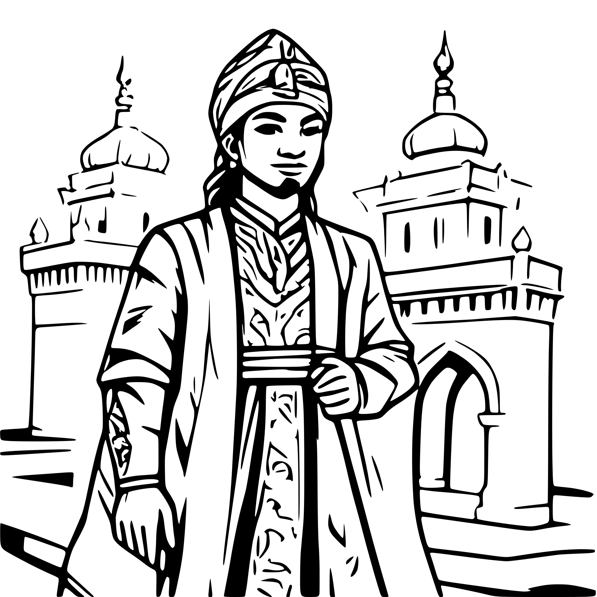 AI-generated SVG of a King Mulawarman in traditional attire, with a wise and authoritative expression, standing in front of the palace.