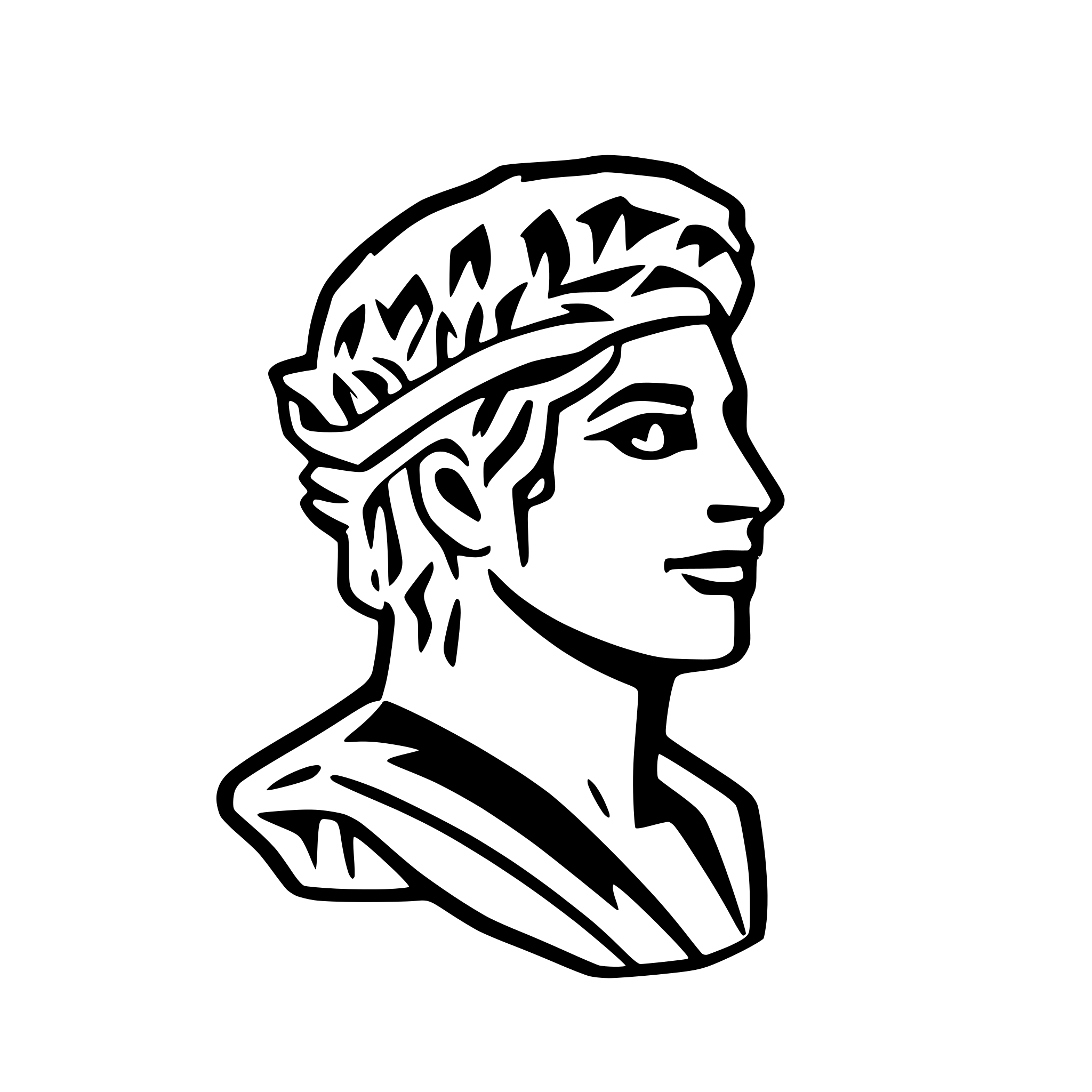 AI-generated SVG of a Ceasar like roman bust with a laurel head wreath in cartoony caricature minimalist line art from a 3/4 view and 2d format
