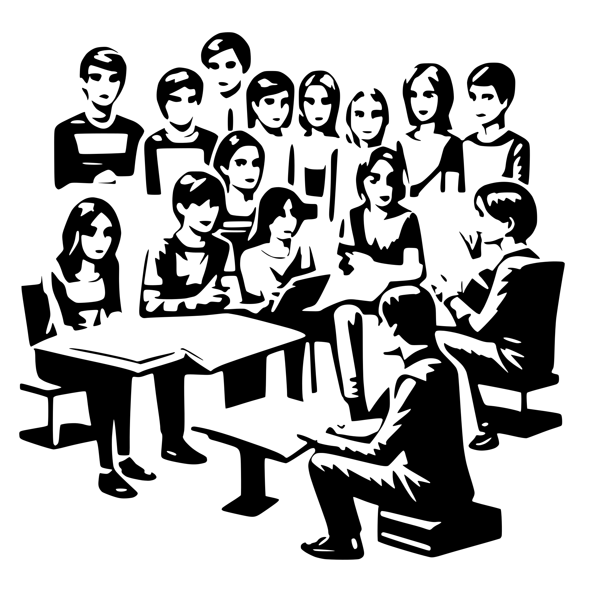 AI-generated SVG of a confused group of 14 people trying to learn something difficult
