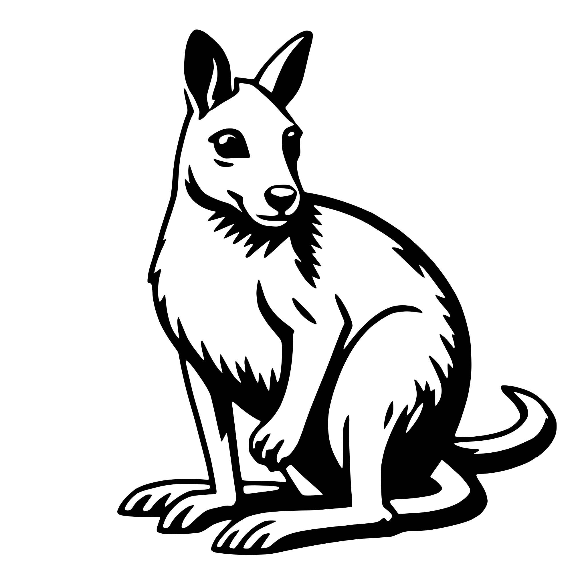 The SVG depicts a stylized black and white illustration of a kangaroo. The kangaroo is standing on its hind legs, with its front paws resting on its thighs. It has a long, curved tail that extends behind it. The kangaroo's head is turned slightly to the left, and it appears to be looking directly at the viewer. The illustration is simple and uses solid lines to define the shapes of the kangaroo's body and limbs. There is no interaction between objects in this SVG, as it is a single, self-contained figure. 