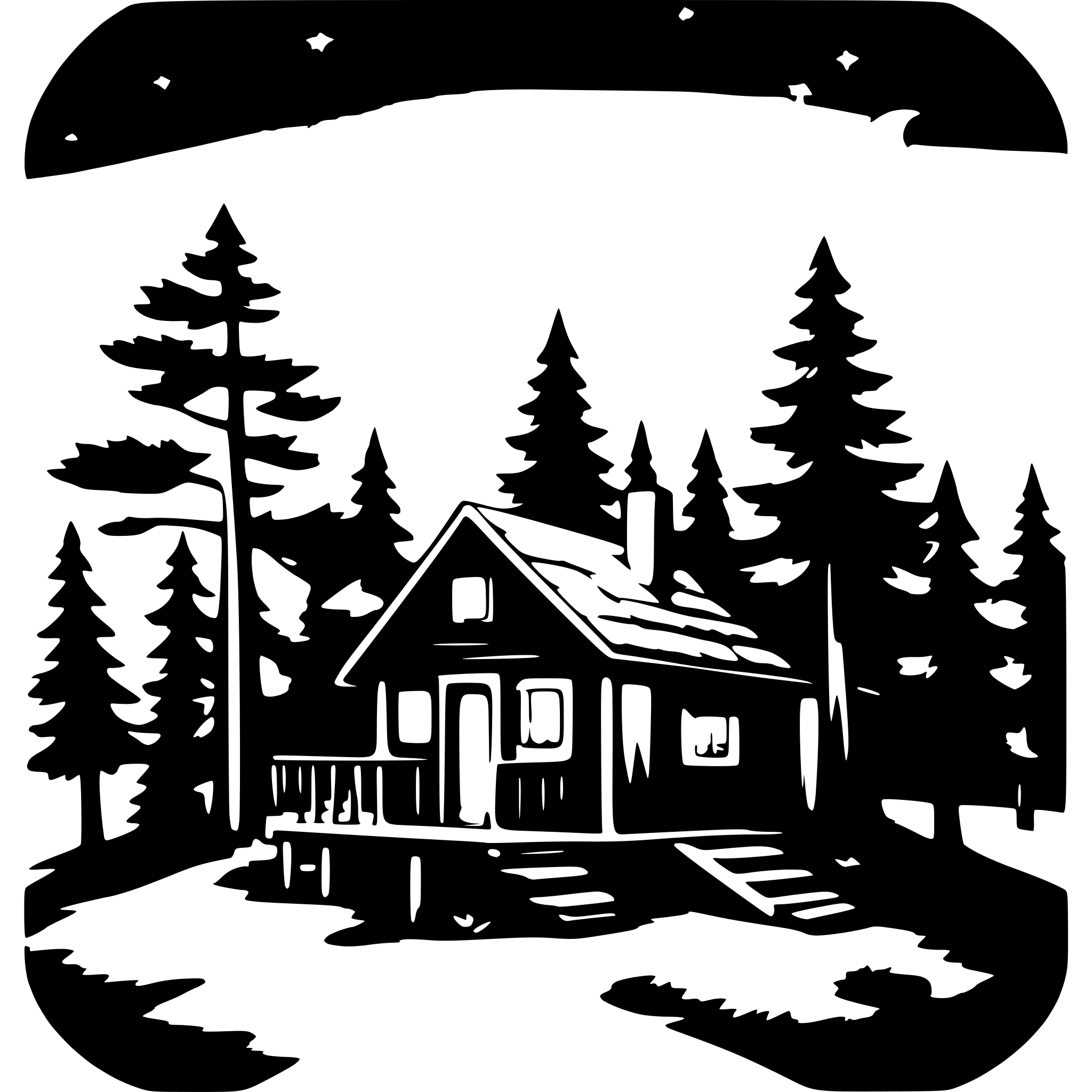 AI-generated SVG of a A cozy cabin surrounded by pine trees under a starry night sky"