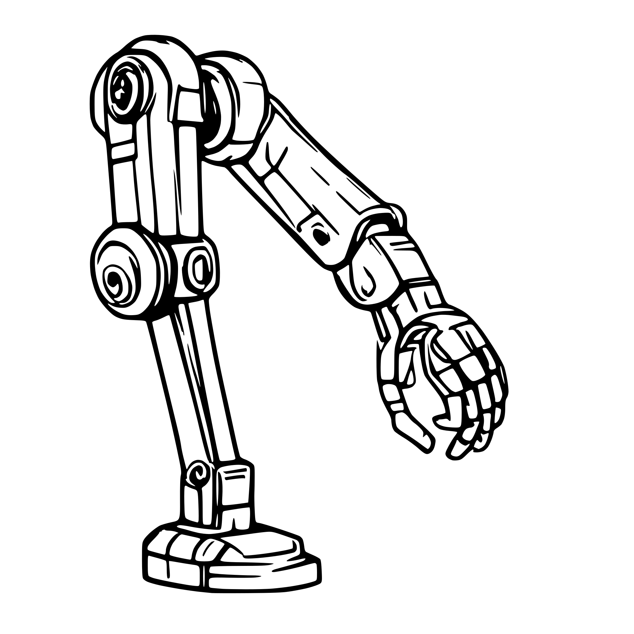 AI-generated SVG of a generate a realistic robot arm drawn with technology features, very thin strokes and shadows inside the drawing