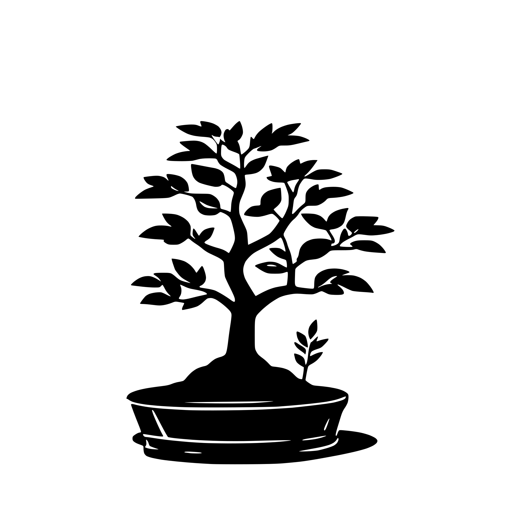 AI-generated SVG of a A black and white SVG of a small bonsai tree in a rectangular pot with curved branches.