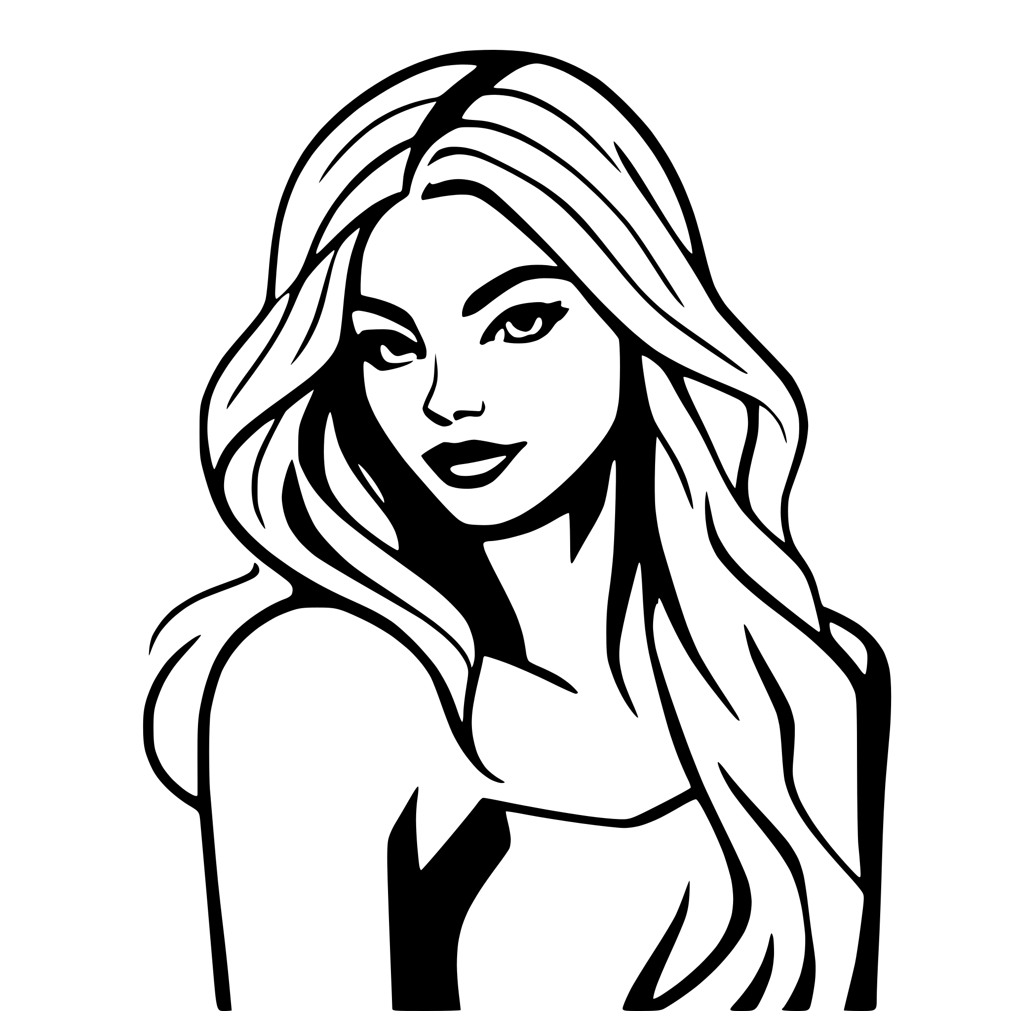 AI-generated SVG of 'A minimalist line art of a woman with flowing, beautiful hair, exuding confidence and elegance. The design should be sleek, modern, and empowering'