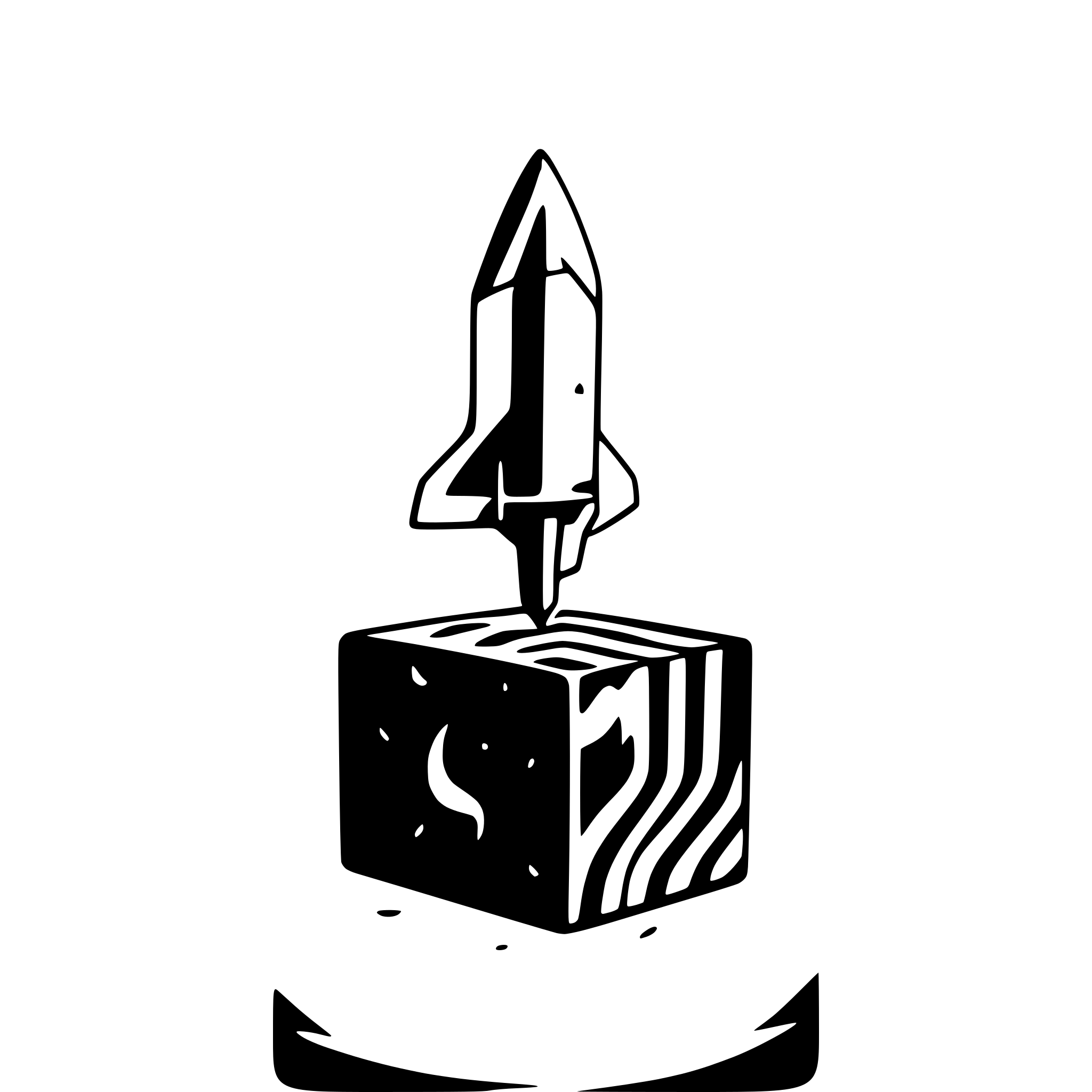 AI-generated SVG of a A cube in space, falling to earth. A small rocket in the distance. The earth takes up one third of the image