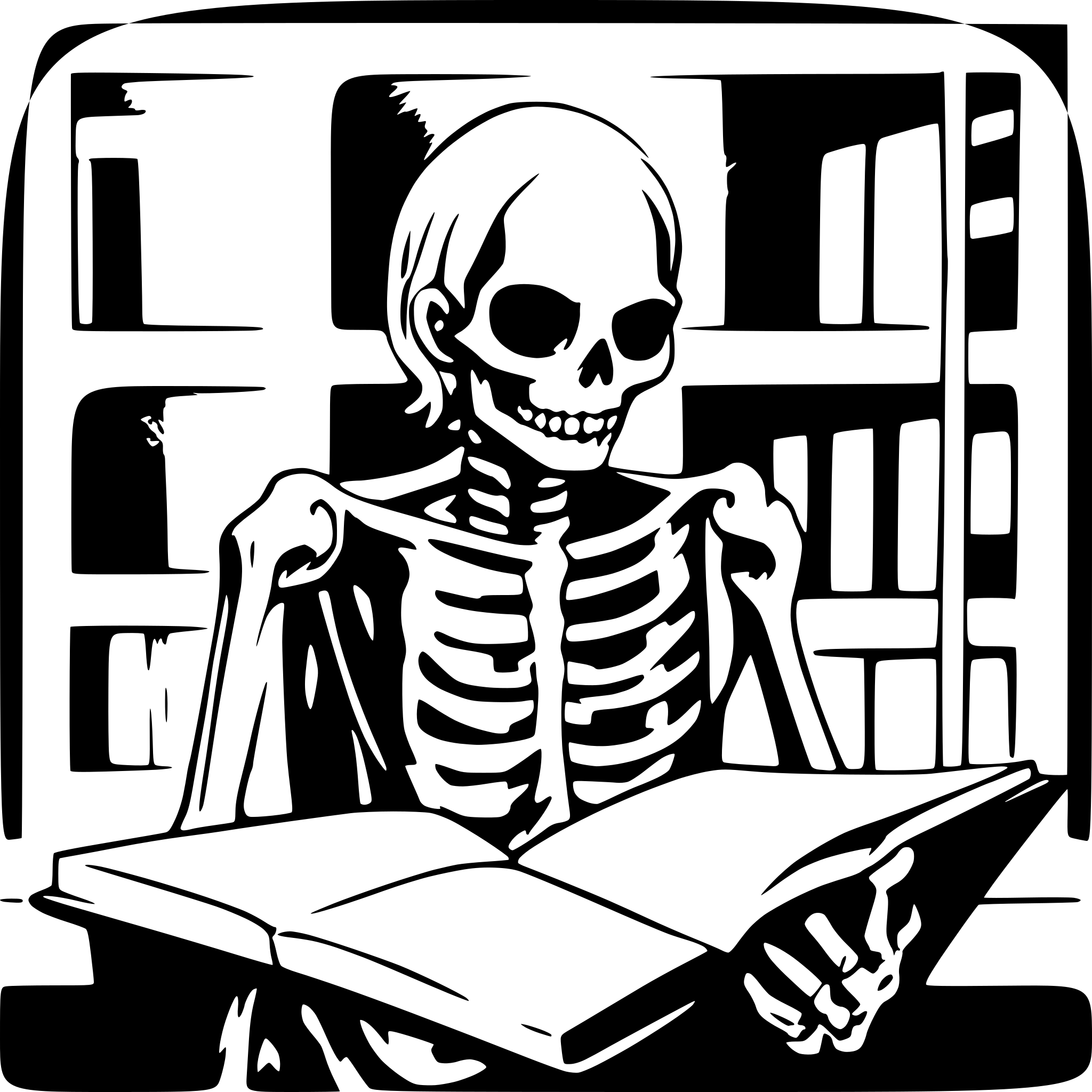 AI-generated SVG of a skeleton reading a book