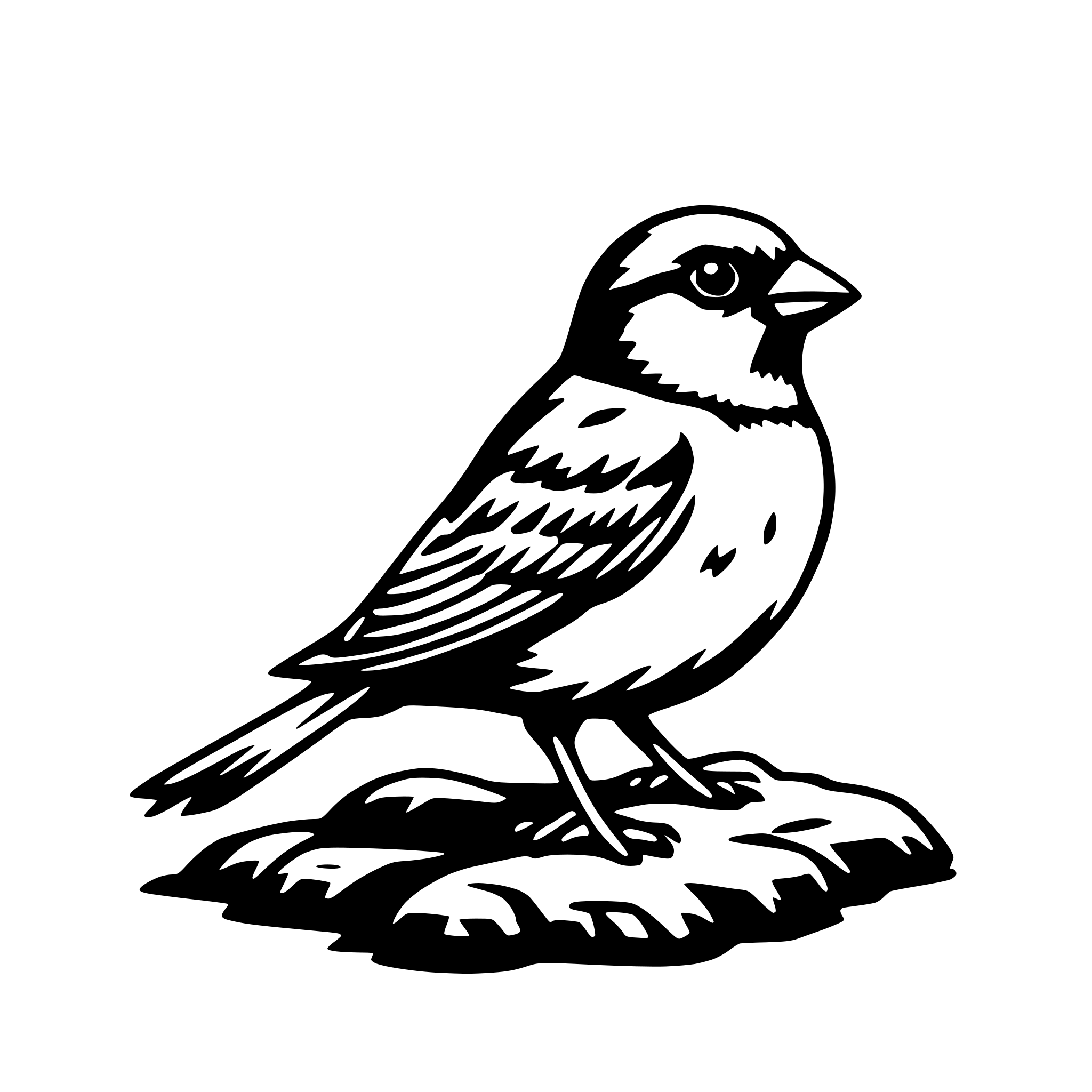 The SVG depicts a stylized black and white illustration of a bird. The bird is standing on one leg, with the other leg tucked under its body. It has a prominent beak and a small eye. The bird's feathers are detailed, showing a pattern of lines and shapes that suggest the texture of feathers. The bird is facing slightly to the left, and its tail feathers are fanned out behind it. The bird is not interacting with any other objects; it is the sole focus of the SVG. 