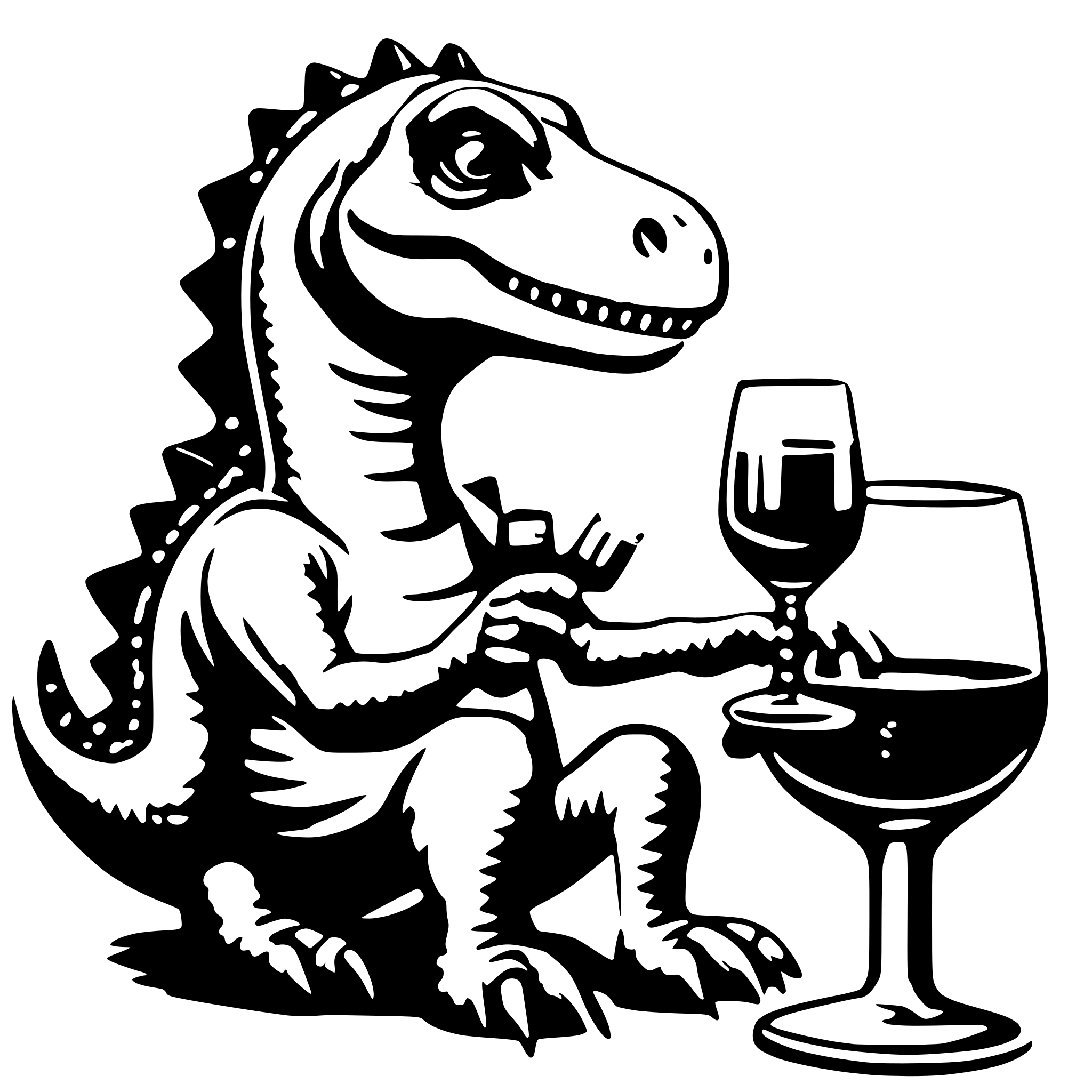AI-generated SVG of a dinosaur with a glss of wine in the hand