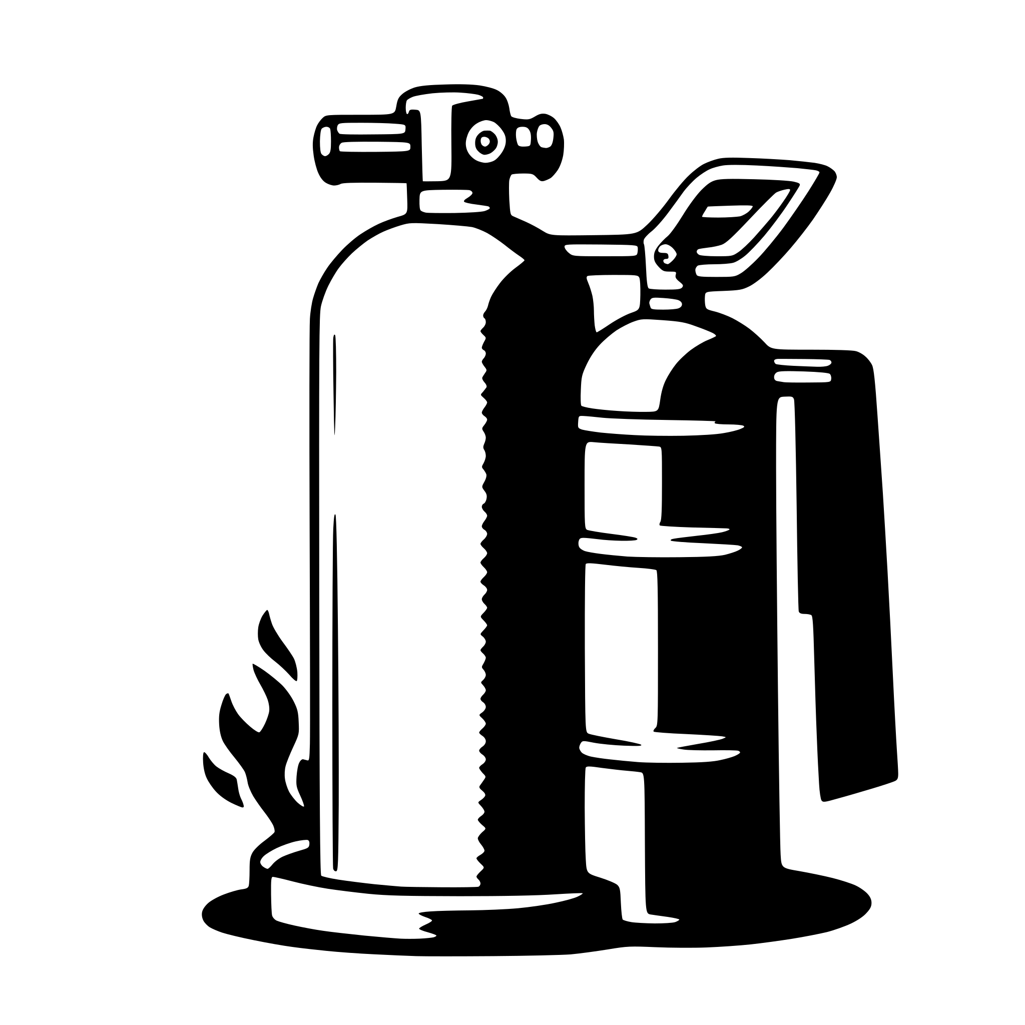 The SVG depicts a fire extinguisher, which is a cylindrical device with a nozzle on top and a hose or nozzle extension on the side. The extinguisher is designed to be held and operated by a person, and it is typically used to put out small fires or to control larger ones. The design suggests that it is a pressurized container, likely filled with a fire-extinguishing agent such as water, foam, or carbon dioxide. The SVG does not show any interaction with other objects, as it is a standalone graphic. 