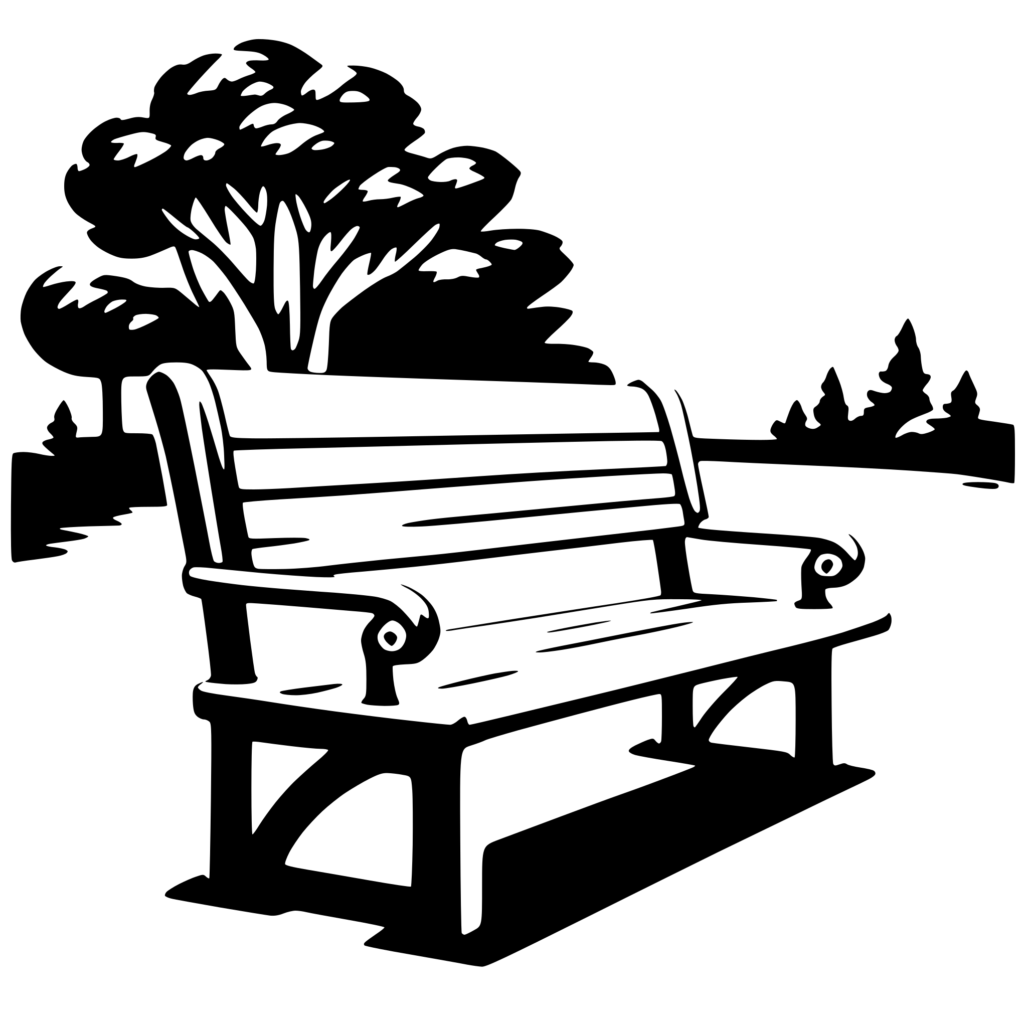 The SVG depicts a simple, stylized park bench with a backrest and armrests. The bench is situated in a park-like setting with trees and a path in the background. The trees are depicted with a few branches and leaves, and the path is shown as a straight line. The bench is positioned on a flat surface, and the trees and path are drawn in a way that suggests they are in the background, behind the bench. The SVG is a vector graphic, which means it is composed of lines and shapes that can be scaled up or down without losing quality. 