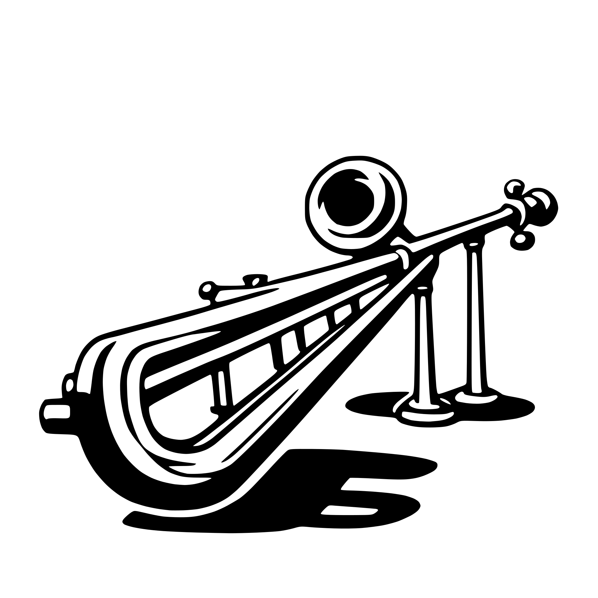 The SVG shows a simple, stylized representation of a trombone. The trombone is depicted in a side view, with the bell at the top, the slide in the middle, and the mouthpiece at the bottom. The slide is extended outward, and the bell is attached to a stand with two vertical poles and a horizontal bar connecting them. The shadow of the trombone is cast on the ground, indicating a light source from the upper left side of the SVG. The SVG is minimalistic and does not include any additional details or background elements. 