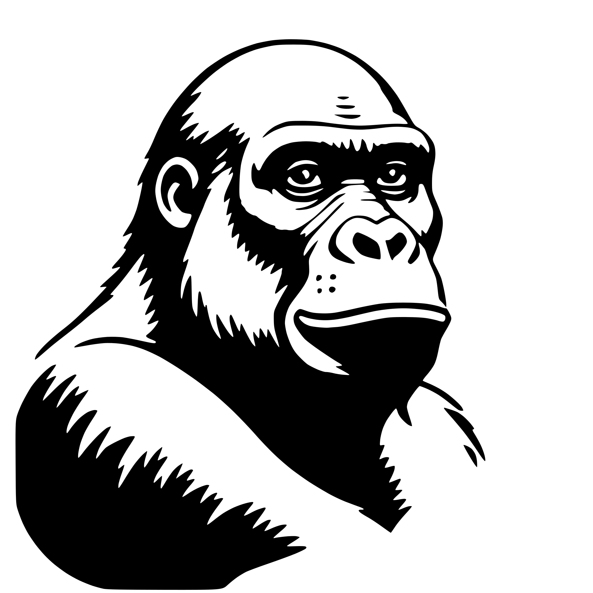 The SVG depicts a stylized, cartoon-like illustration of a chimpanzee's head and shoulders. The chimpanzee has a prominent forehead, large eyes, a wide nose, and a broad mouth with visible teeth. The fur is depicted with a series of lines and curves to suggest texture and depth. The SVG is simple and does not include any additional elements or background details. The style is reminiscent of a comic book or graphic design representation. 