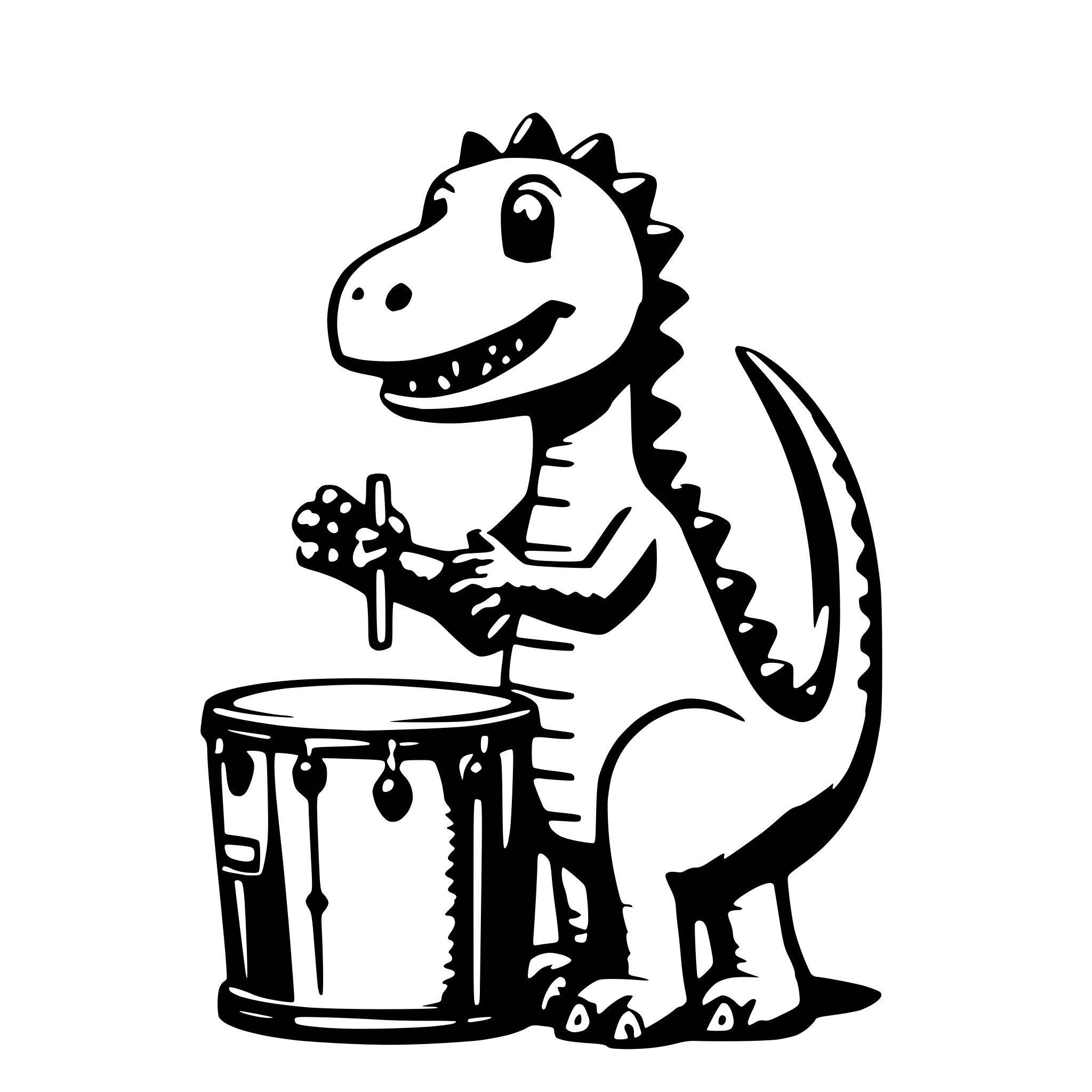 AI-generated SVG of 'cute dino playing with drums'