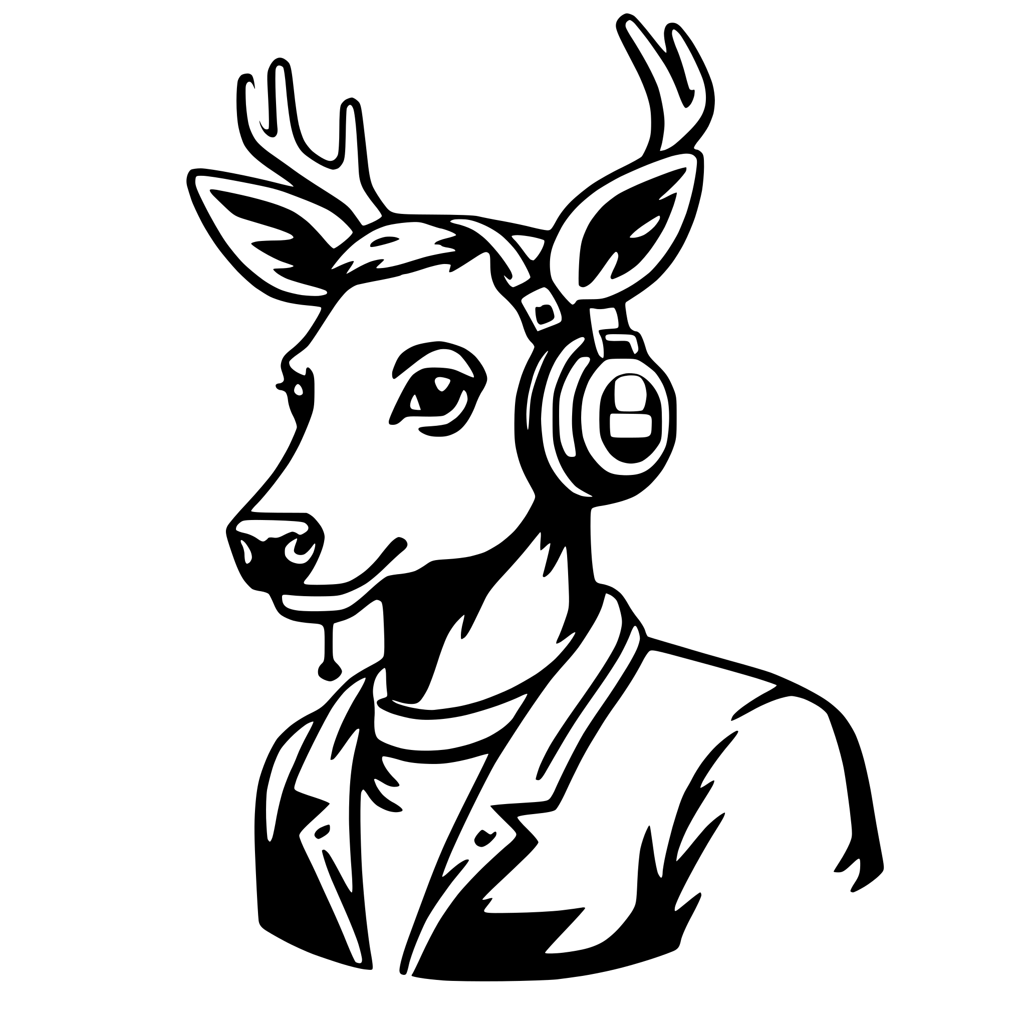 The SVG depicts a stylized, cartoon-like illustration of a deer's head wearing a pair of headphones. The deer has large, expressive eyes and a small, pointed nose. The headphones are large and have a prominent design, with the ear cups covering the ears and the headband extending across the top of the head. The deer's fur appears to be a solid color, and the headphones are detailed with shading to suggest depth and texture. The SVG is simple and does not contain any additional objects or interactions. 