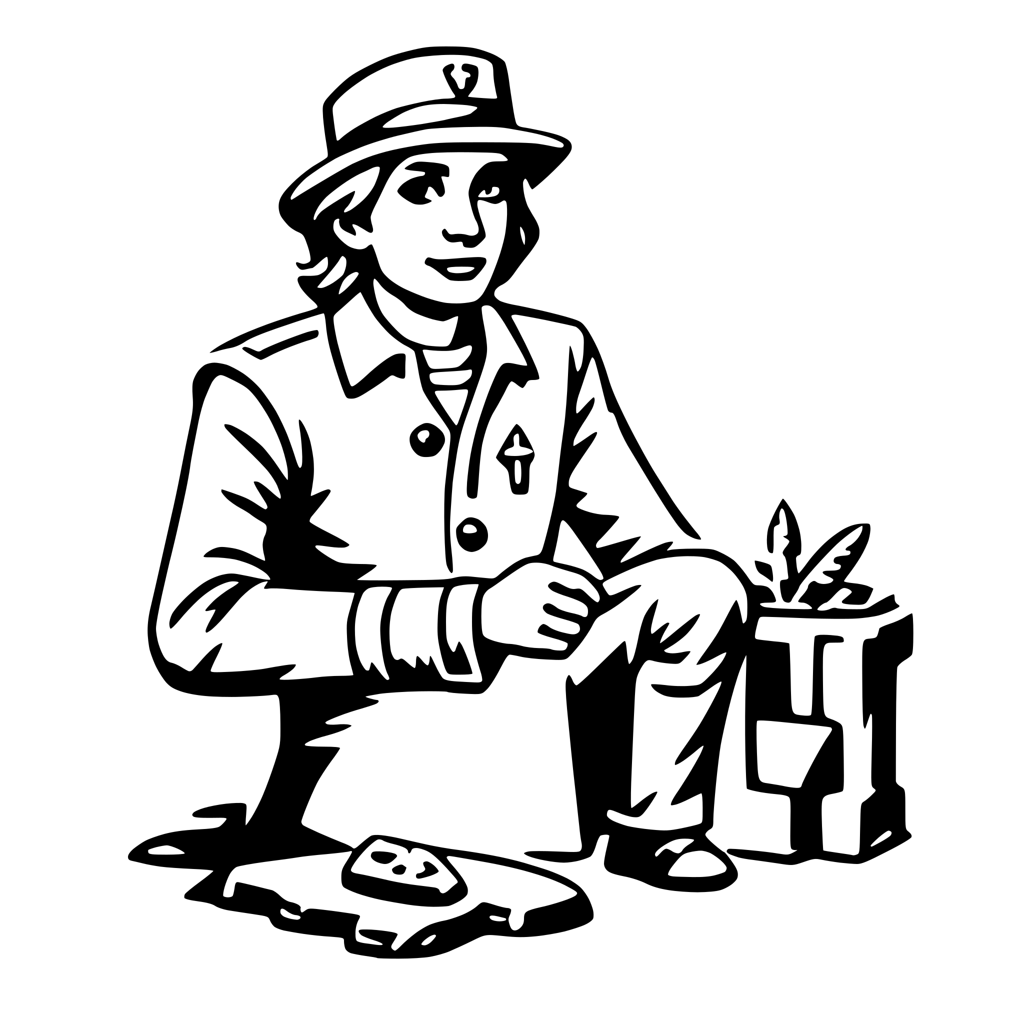 The SVG depicts a stylized illustration of a person sitting on the ground with a box in front of them. The person is wearing a cap and a jacket, and they are holding a small object that appears to be a bird. The box in front of them is open, and there is a small object inside that resembles a bird as well. The person is smiling and looking towards the viewer. The overall style is simple and cartoonish. 