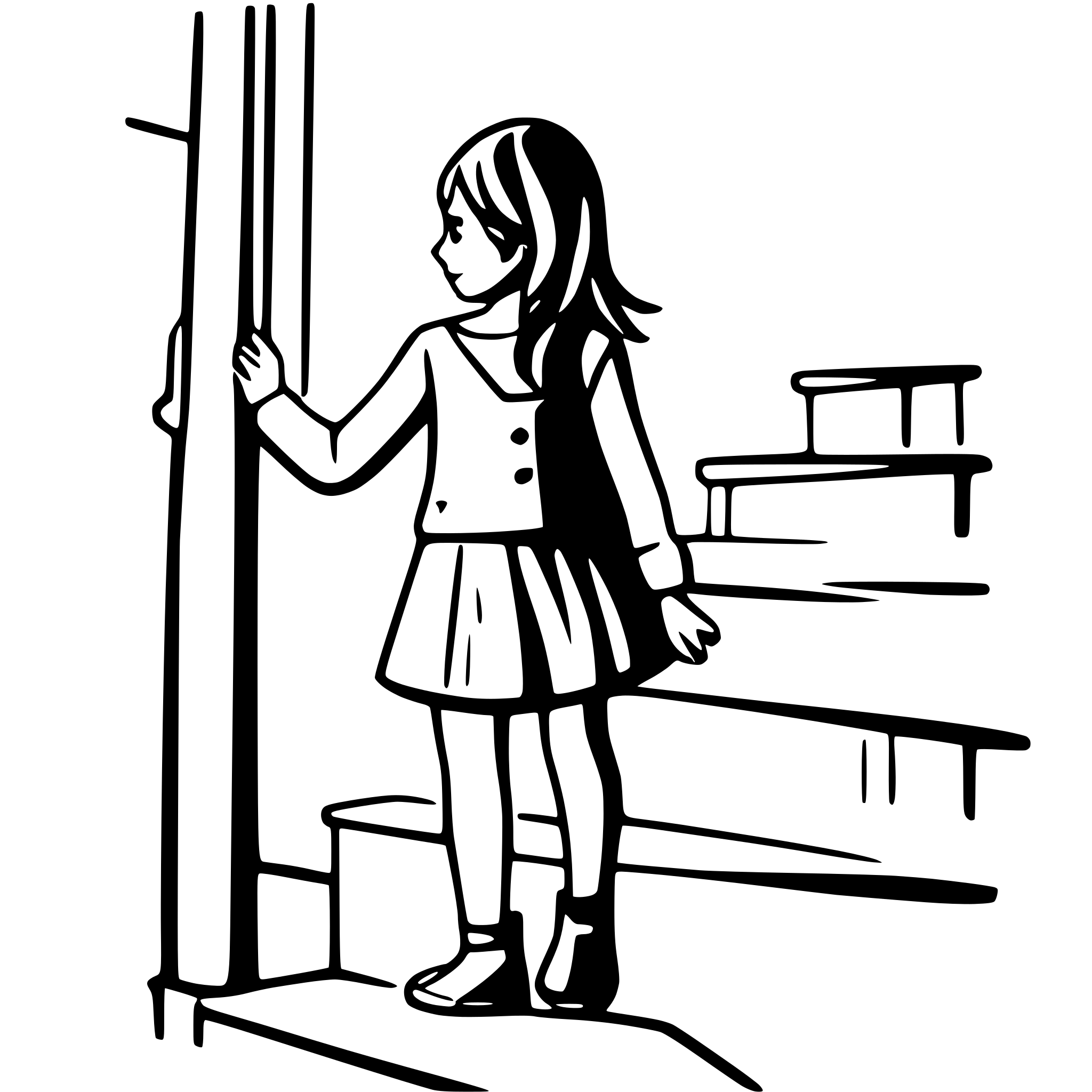 AI-generated SVG of a girl standing at the bottom of the stairs attempting to take next step to upstairs side view colorful