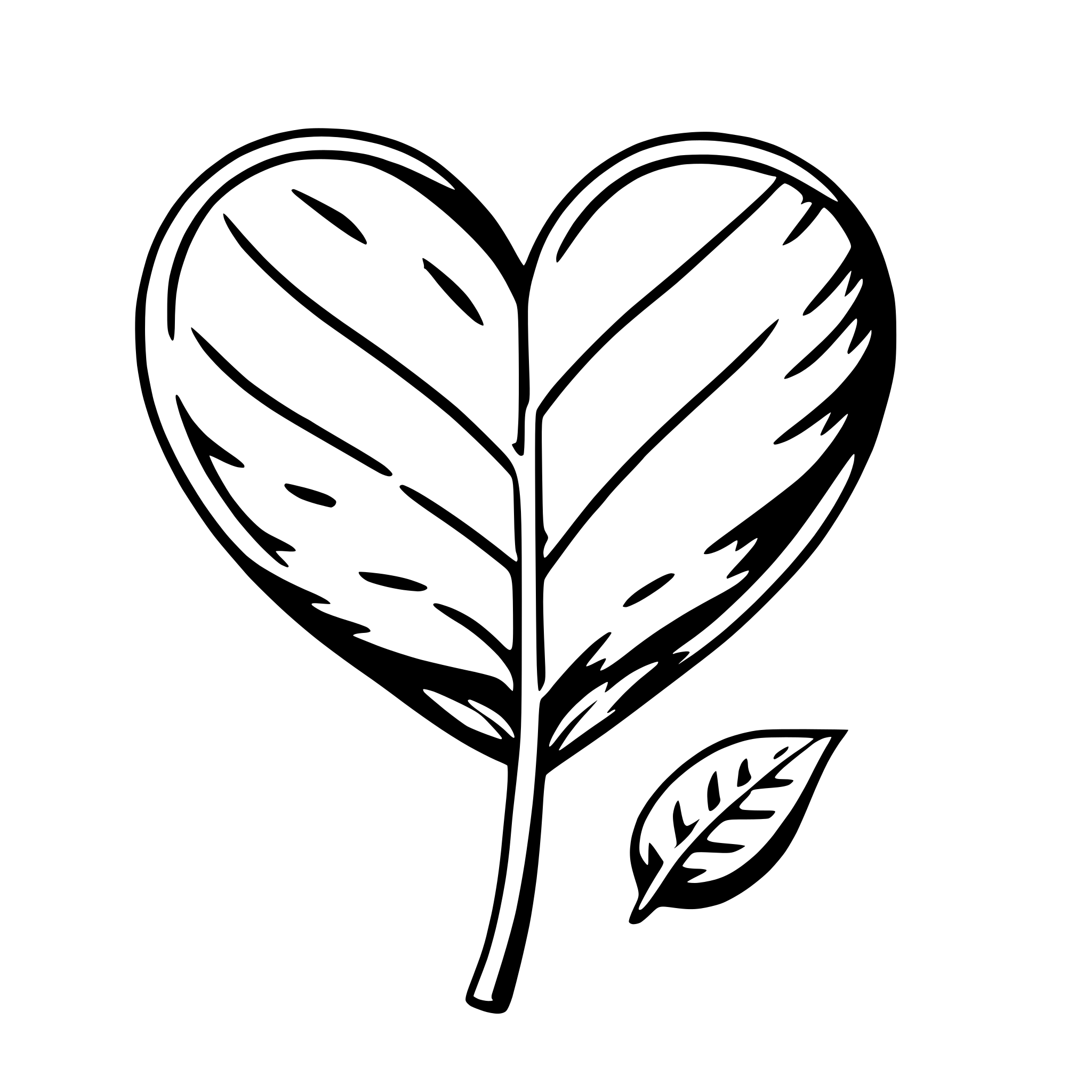 The SVG features a stylized black and white illustration of a heart-shaped leaf with a stem. The leaf has a vein pattern and a smooth outline, while the stem is thin and straight. There is a small, simple leaf to the right of the main leaf, which is slightly larger and more detailed. The overall style is minimalistic and graphic, with no additional text or elements. 