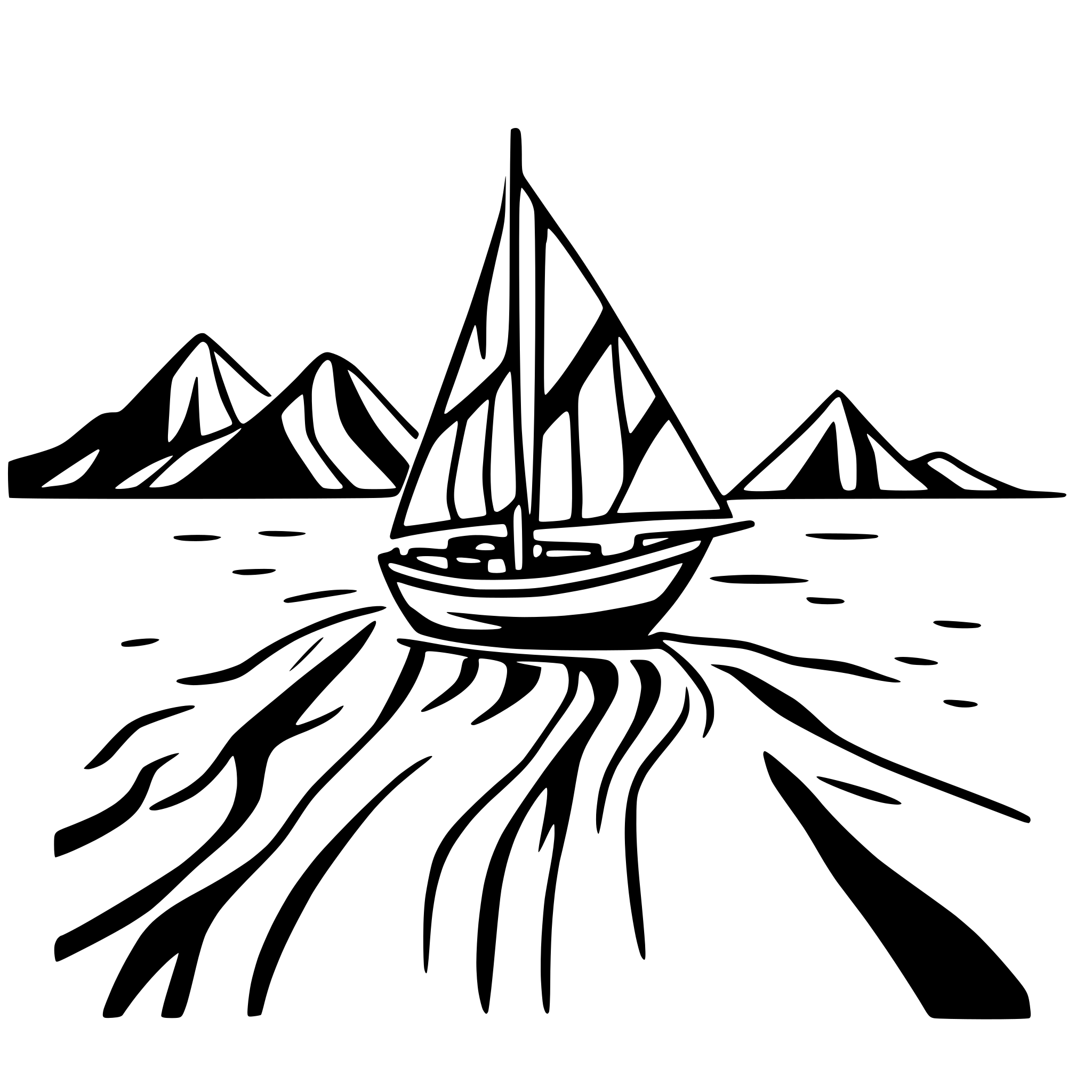 AI-generated SVG of a A sailboat floating on the sea with islands in the background and it is windy. The sailboat is moving from left to right. Simple line art.
