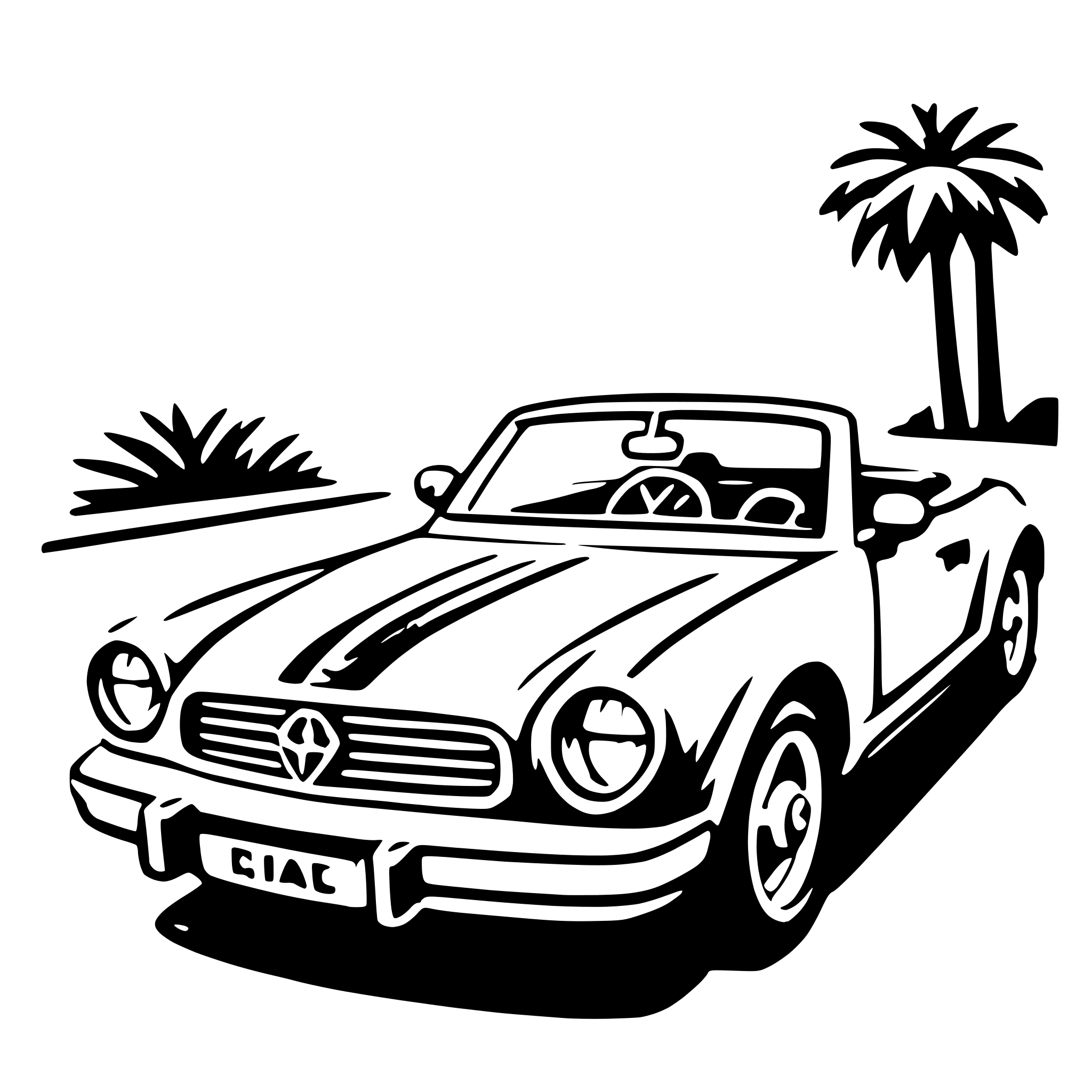 The SVG depicts a classic convertible car parked on a street. The car is a two-door model with a long hood and a short rear deck, typical of sports cars from the 1960s or 1970s. It has a prominent front grille with a logo that appears to be a stylized letter 'V' inside a shield shape, which is characteristic of certain luxury car brands. The car's bodywork has a glossy finish, suggesting a well-maintained or restored vehicle.

The car is positioned on the right side of the road, facing towards the left side of the SVG, indicating that it is parked and not in motion. The street is lined with a sidewalk on the left side, and there is a palm tree on the right side, which adds a tropical or vacation-like atmosphere to the scene. The background is minimalistic, with a simple representation of the sky and a few clouds, which