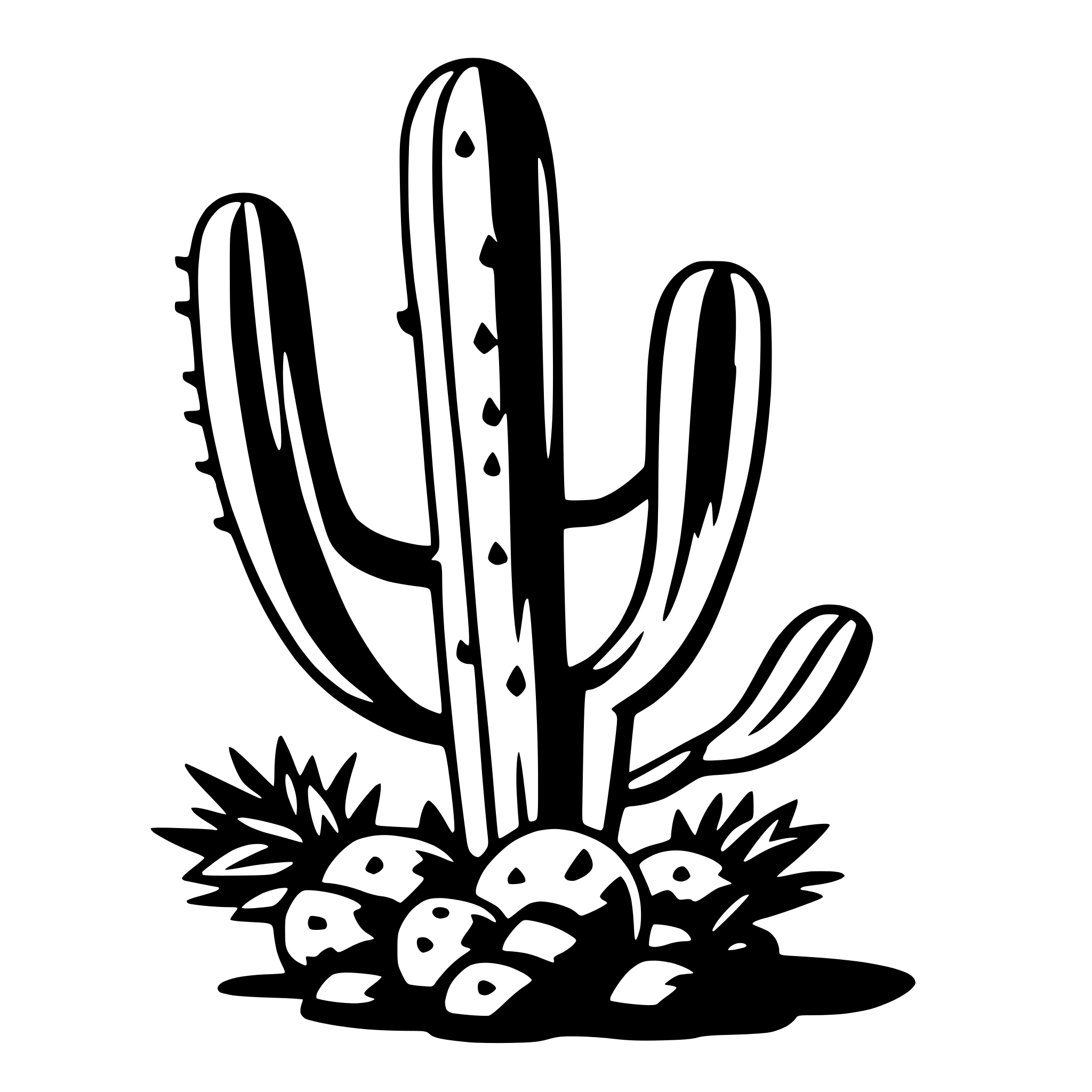 The SVG depicts a stylized cactus with multiple arms, each adorned with spines. At the base of the cactus, there is a cluster of what appears to be cactus fruit or paddles, which are also spiky. The cactus is set against a plain background. The design is simple and uses solid lines and shapes to represent the cactus and its fruit. 