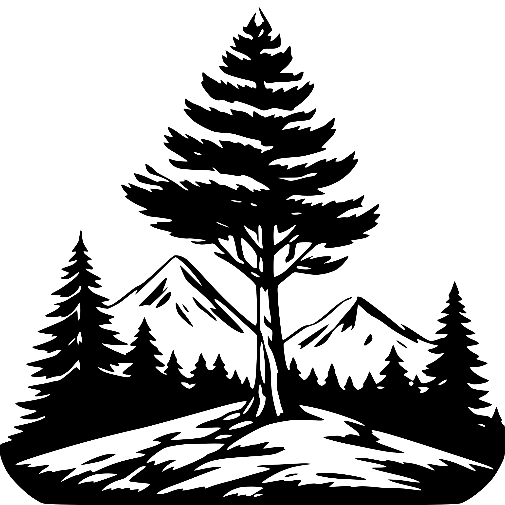 AI-generated SVG of a a mountain, a pine tree with rising sun