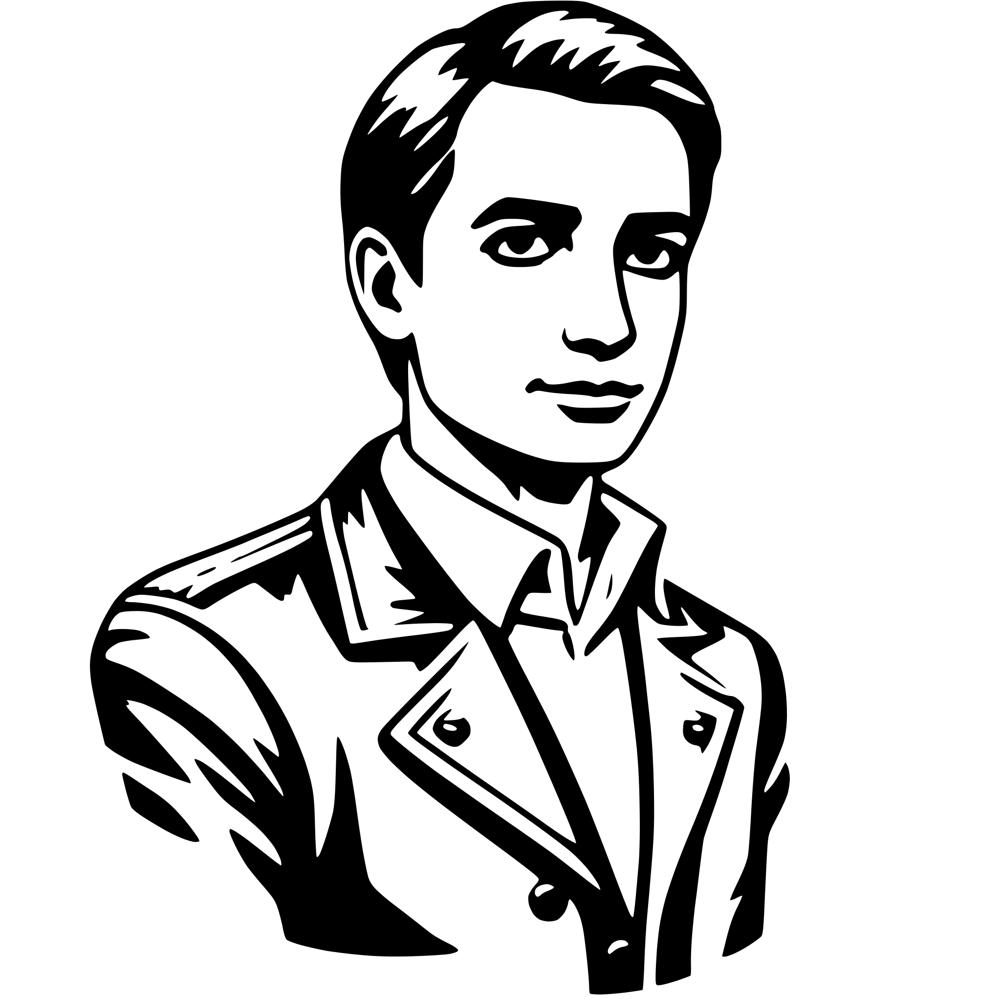 The SVG is a black and white vector illustration of a man's head and shoulders. The man has short hair, a straight nose, and a neutral expression. He is wearing a jacket with a collar and a shirt with a collar. The jacket has a lapel and what appears to be a button or a similar detail on the left side of the chest. The style of the illustration is simplistic and stylized, with clean lines and minimal shading. The SVG does not contain any text or additional objects. The man's gaze is directed straight ahead, and his posture is upright. The illustration does not depict any interaction with other objects or characters. 