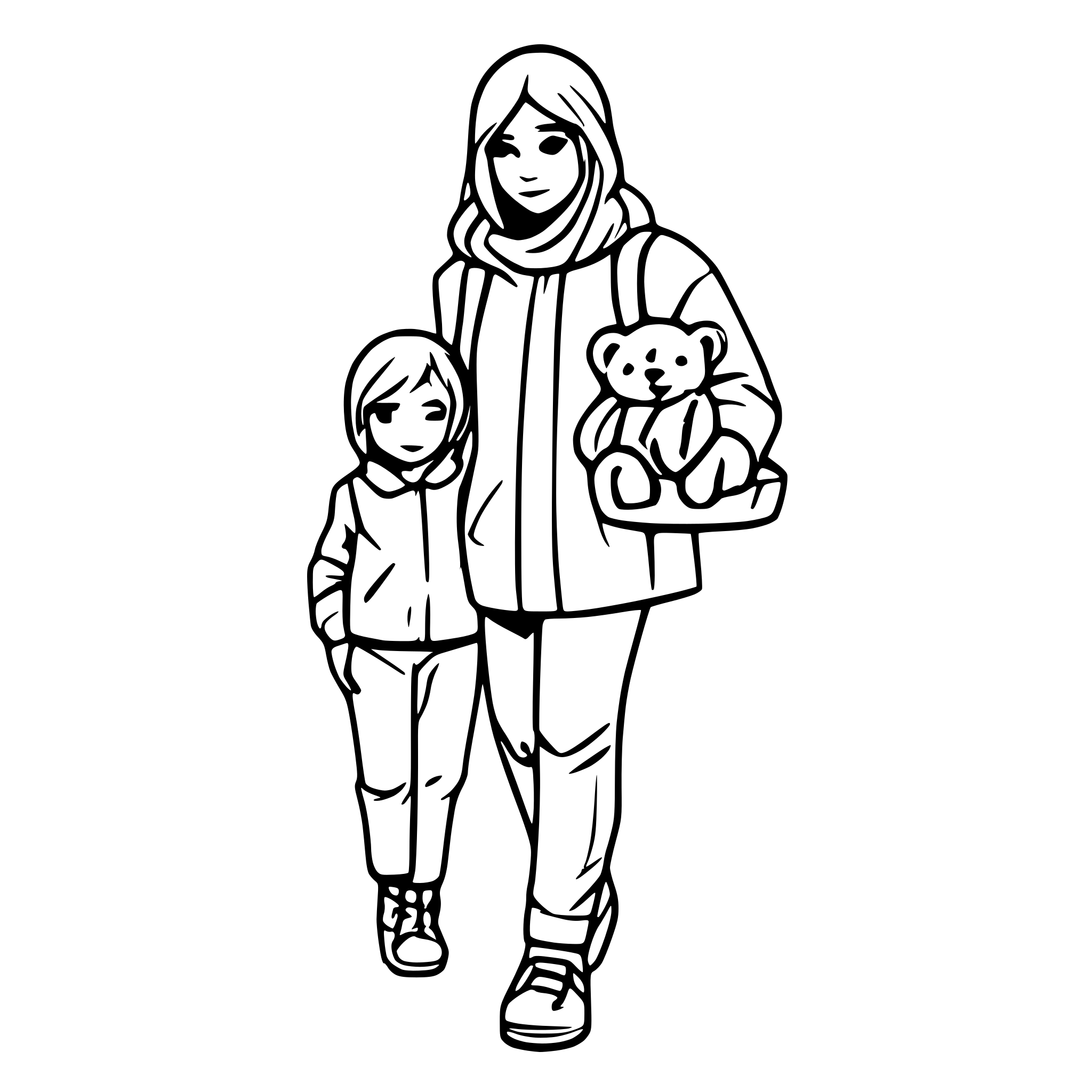 AI-generated SVG of a Concept: A young adult (male or female) with a child by their side. Can be holding the hand of a small child or with a child’s toy like a teddy bear or stroller nearby.