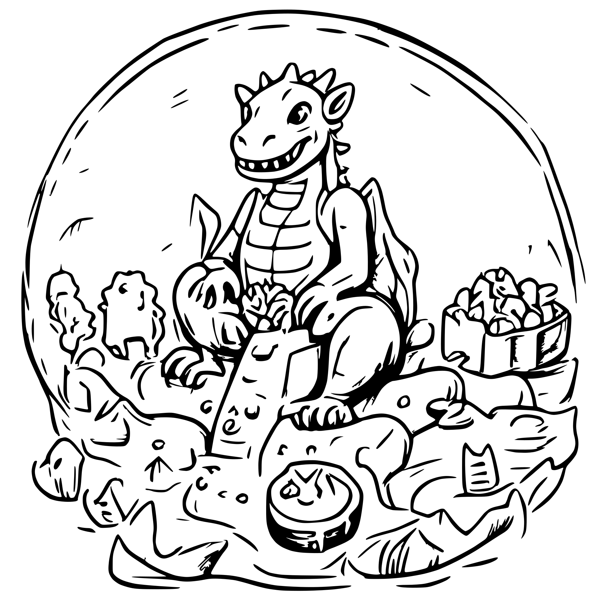 AI-generated SVG of 'A cute and humorous fantasy-style illustration of a large, slightly exasperated dragon sitting on a pile of gold. Surrounding the dragon are three small baby dragons, each hoarding random objects instead of treasure. One baby dragon clutches a teddy bear, another proudly holds a wooden spoon, and a third sits atop a pile of colorful dice. The adult dragon looks tired but protective, watching over the mischievous hatchlings. The art style is cartoonish and adorable, with soft lines and minimal details to make it print-friendly. Above or below the illustration, the phrase 'Dragon Parenting: Hoarders in Training' is displayed in a fun, medieval-style font.'