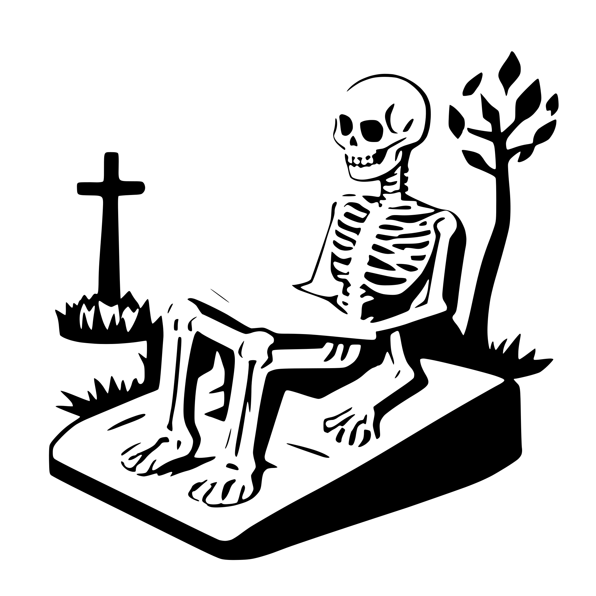 AI-generated SVG of a a skeleton sitting on a grave an reading