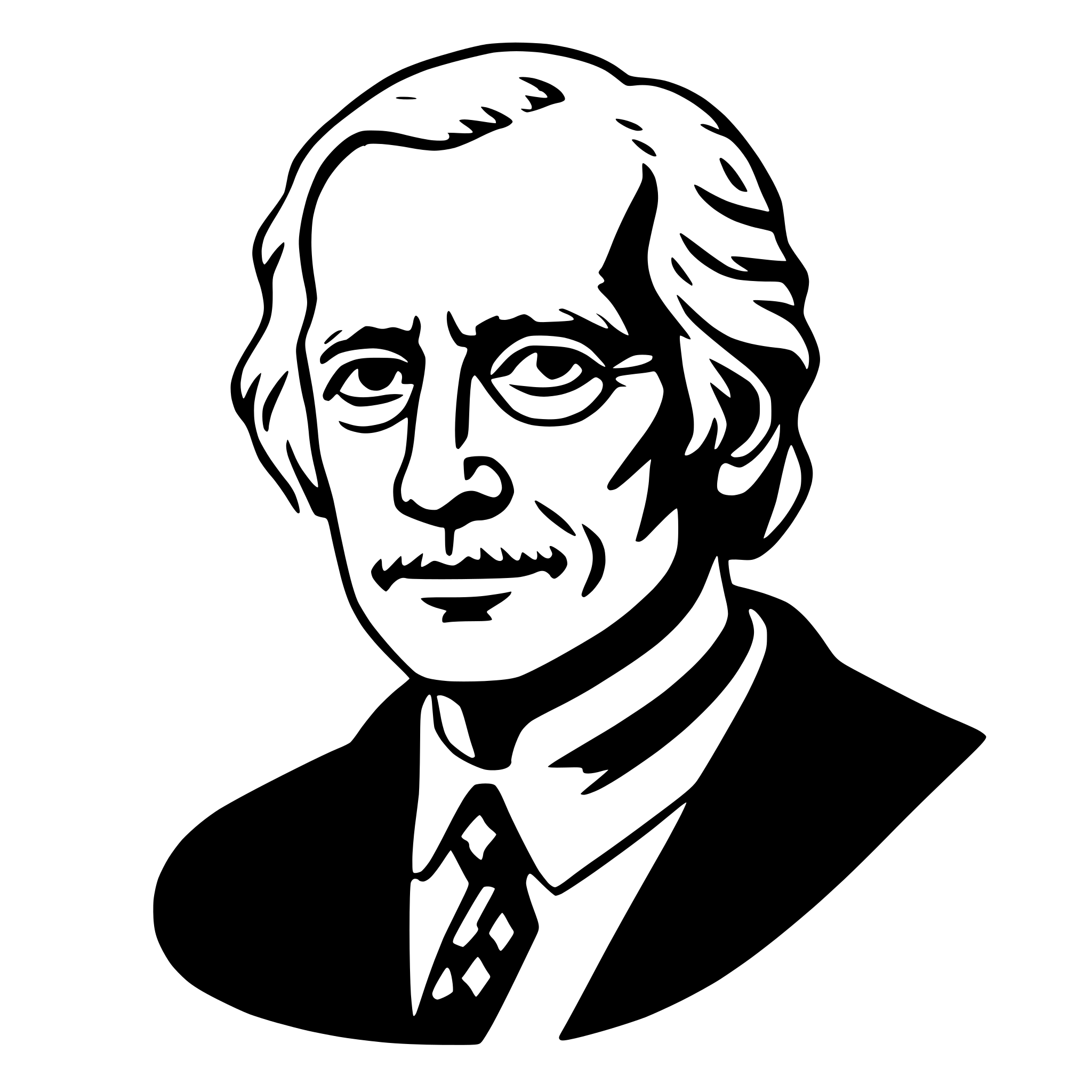 The SVG is a black and white vector illustration of a man's head and shoulders. The man is depicted with a mustache and is wearing a suit with a tie. His hair is styled in a way that it appears to be parted on the side. The illustration is simple and uses solid colors without any gradients or shading, which is typical for vector graphics. The man's gaze is directed straight ahead, and he has a neutral expression on his face. The style of the illustration is minimalistic and does not include any additional details or background elements. 