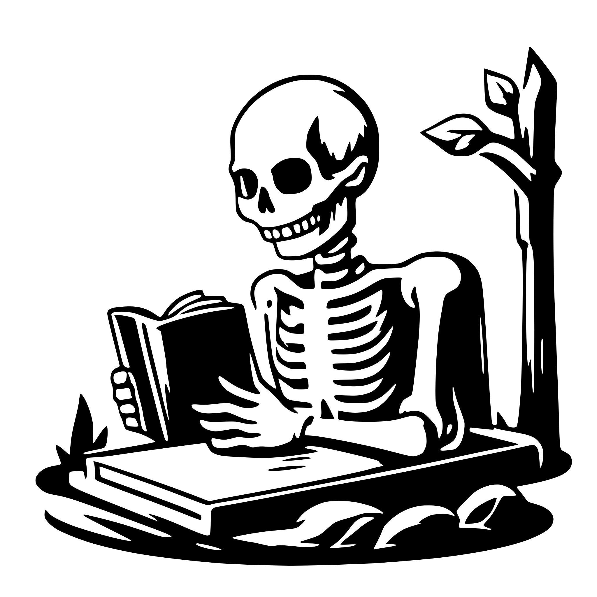 AI-generated SVG of a a skeleton on a cemetery reading a big book