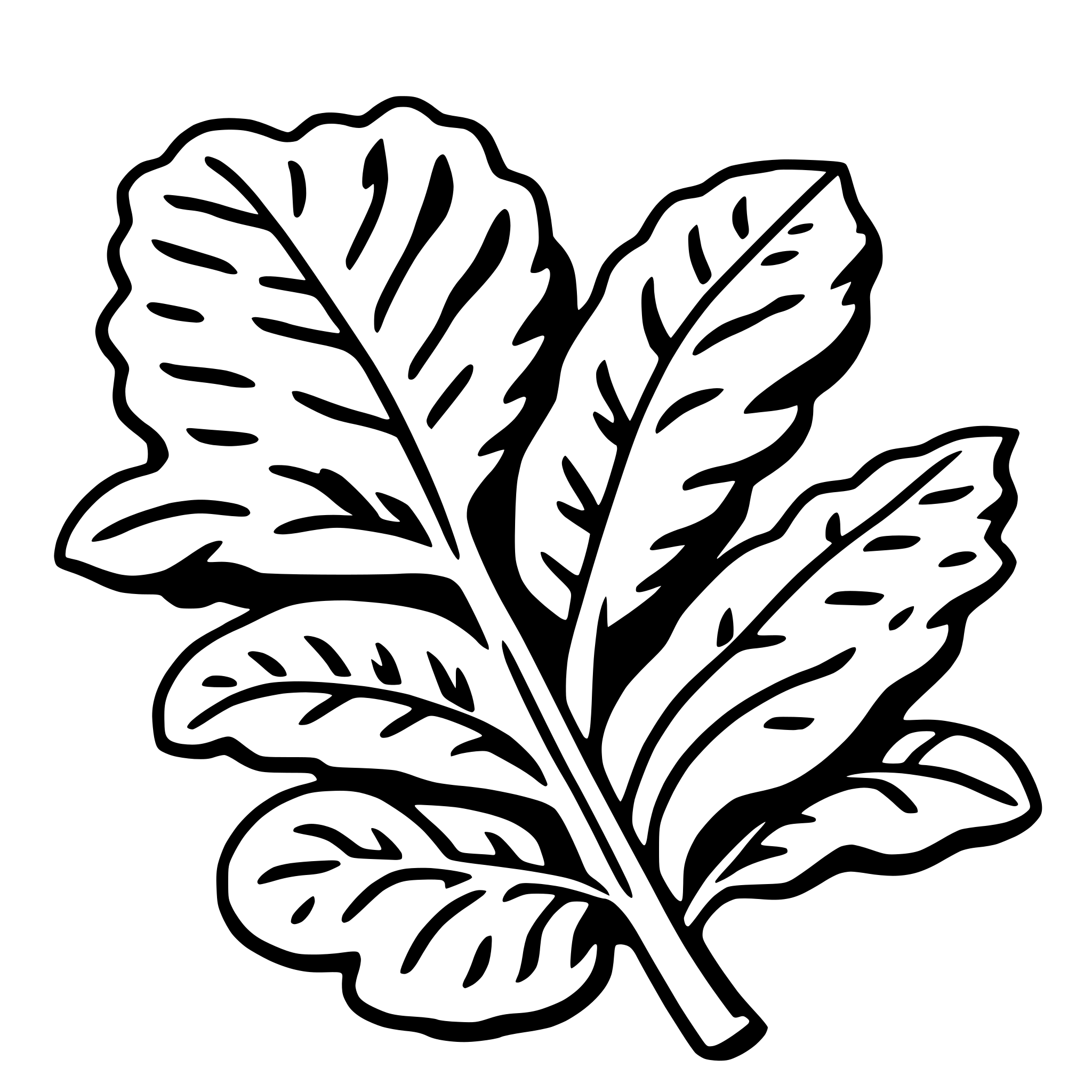 The SVG shows a stylized illustration of a leaf. The leaf is depicted with a central stem and multiple lobes that branch out from the stem. The lobes are arranged in a symmetrical pattern, with the largest lobe on the left side and smaller lobes on the right. The stem is thin and extends from the center of the leaf. The illustration is simple and uses solid lines to define the shapes of the leaf and stem. There is no text or additional elements in the SVG. The style of the illustration is graphic and appears to be designed for a logo or icon. 