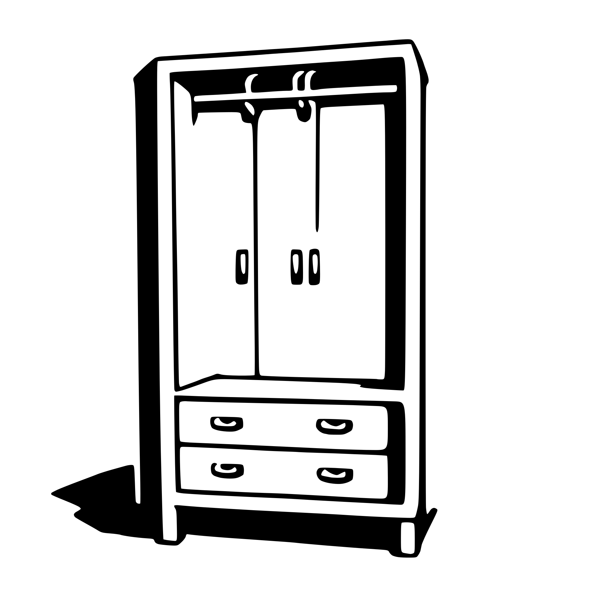 The SVG shows a simple, stylized representation of a wardrobe or armoire. It has a rectangular shape with a flat top and a single drawer at the bottom. The wardrobe has two doors with handles, suggesting that it can be opened from either side. The doors are closed, and the handles are in the center of each door. The wardrobe is standing upright and is casting a shadow on the ground, indicating that it is placed against a light source. The SVG is minimalistic and does not contain any additional details or text. 